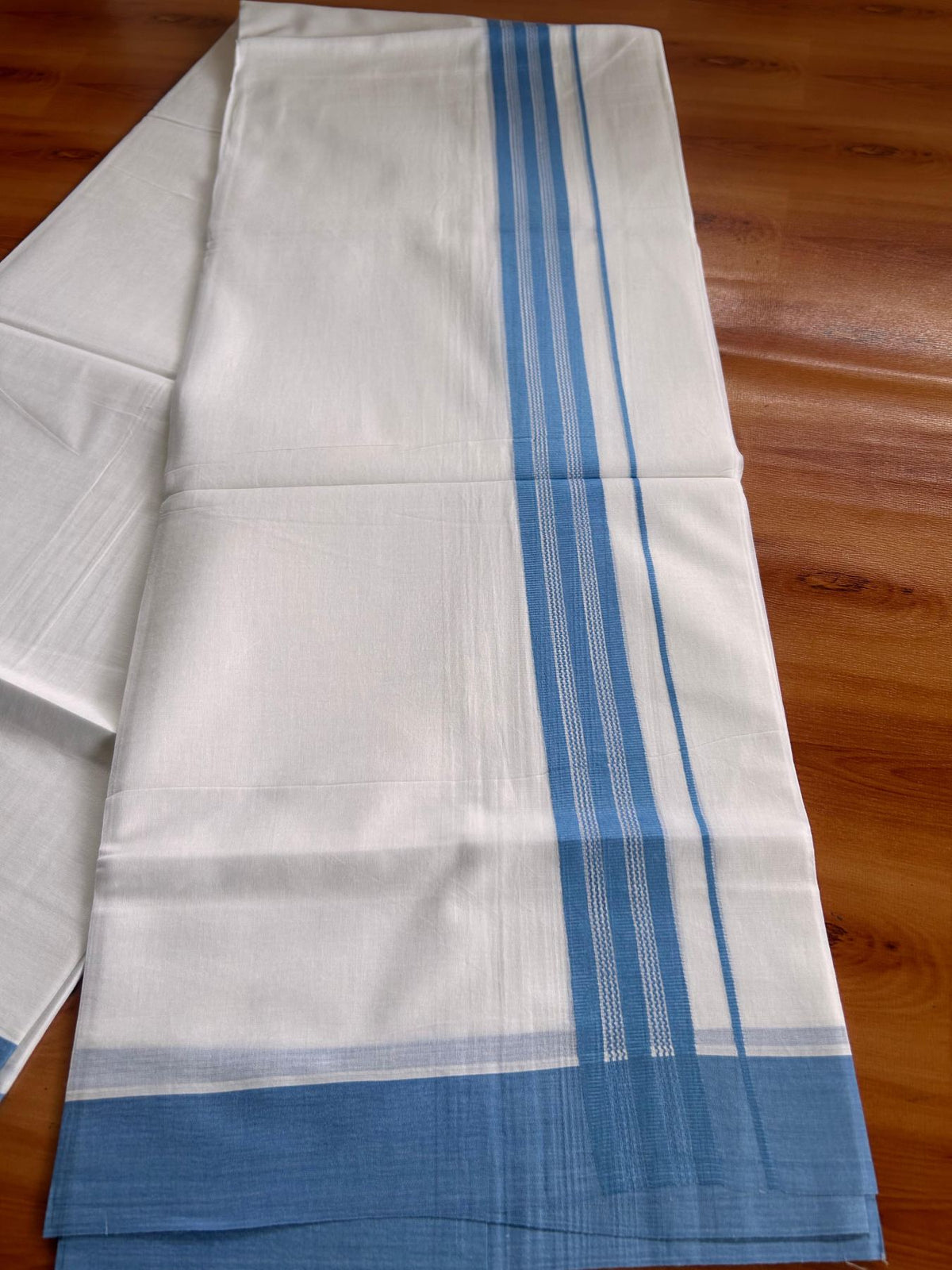 Pure White Double Mundu/Dhoti - 20% Discount ! Kaitharikada Pure Cotton - 100x80 - 1.25 inch Blue striped Kara 3.80 mtr (8 muzham) - 43 KK5523 MC