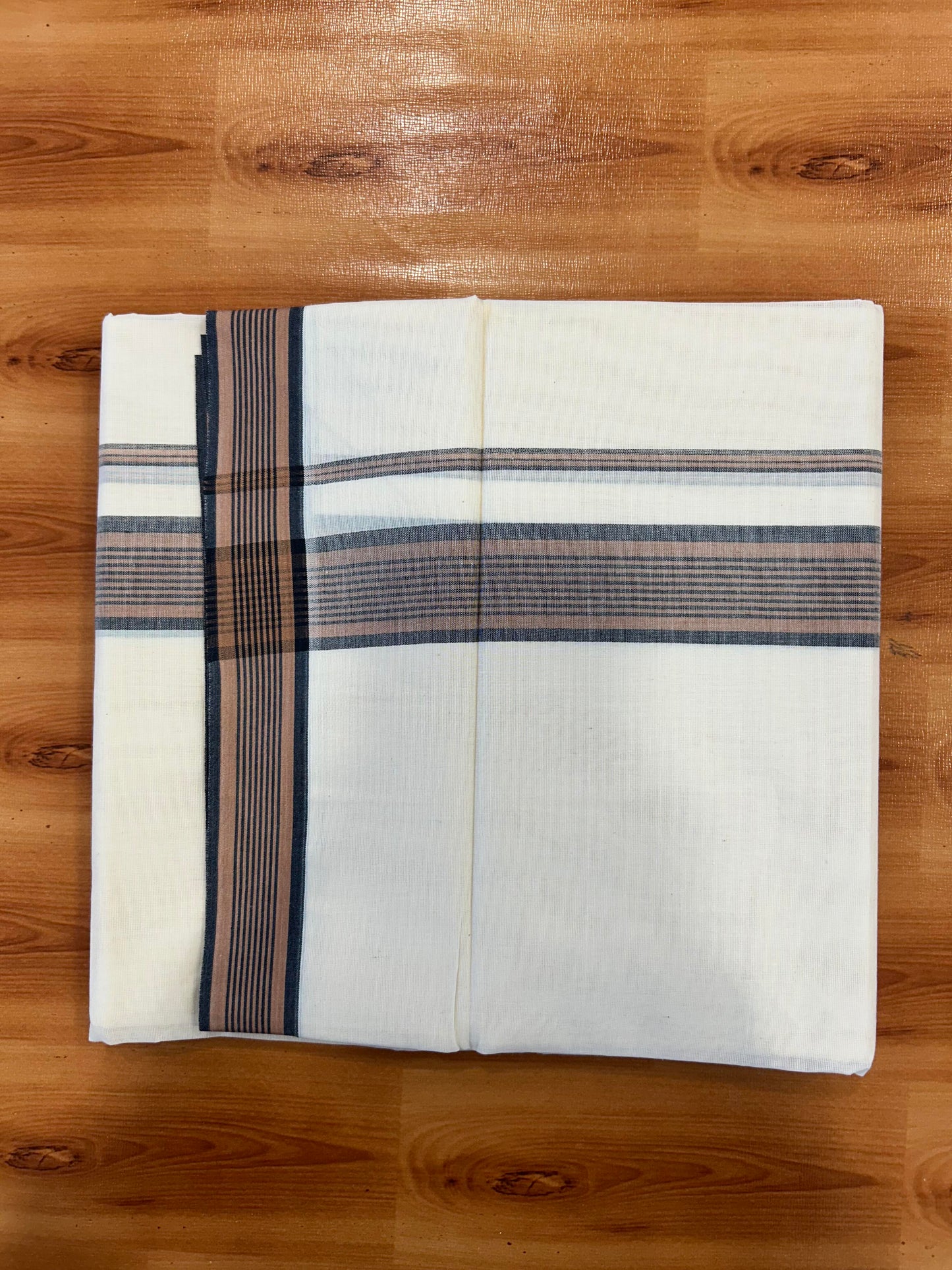 Double Off White (Unbleached) Mundu/Dhoti - 20% Discount! KaithariKada Pure Cotton - 100X80 - 1.5 inch Orange & Black Shaded Striped Kara 4 mtr (8.5 Muzham) - 86 KK5452 THI