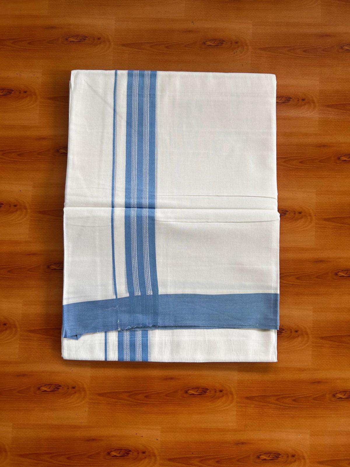 Pure White Double Mundu/Dhoti - 20% Discount ! Kaitharikada Pure Cotton - 100x80 - 1.25 inch Blue striped Kara 3.80 mtr (8 muzham) - 43 KK5523 MC