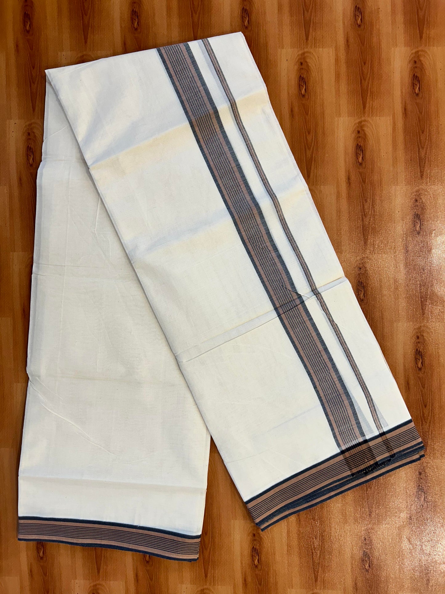 Double Off White (Unbleached) Mundu/Dhoti - 20% Discount! KaithariKada Pure Cotton - 100X80 - 1.5 inch Orange & Black Shaded Striped Kara 4 mtr (8.5 Muzham) - 86 KK5452 THI