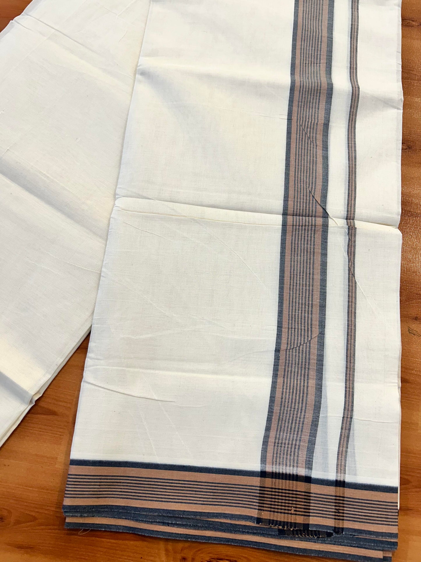 Double Off White (Unbleached) Mundu/Dhoti - 20% Discount! KaithariKada Pure Cotton - 100X80 - 1.5 inch Orange & Black Shaded Striped Kara 4 mtr (8.5 Muzham) - 86 KK5452 THI