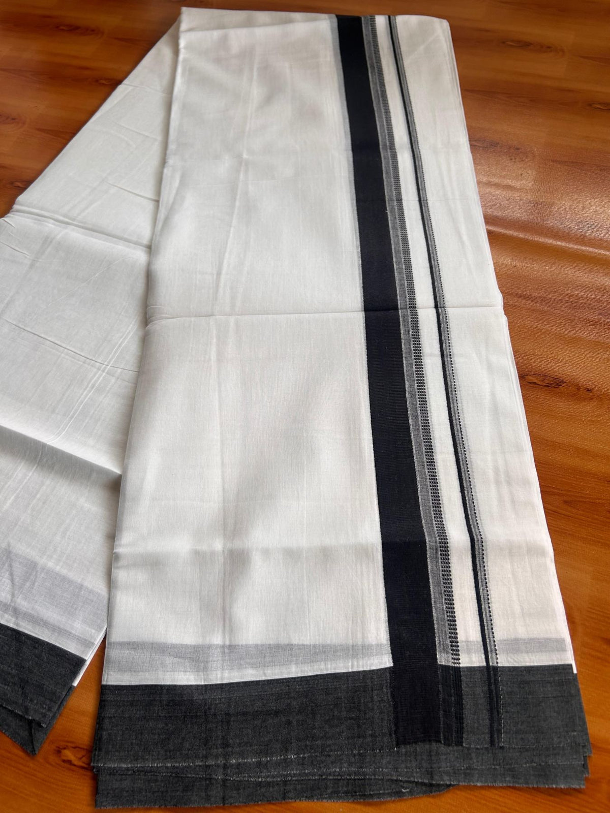Pure White Double Mundu/Dhoti - 20% Discount ! Kaitharikada Pure Cotton - 100x80 - 1.25 inch Navy Blue striped Kara 3.80 mtr (8 muzham) - 45 KK5523 MC