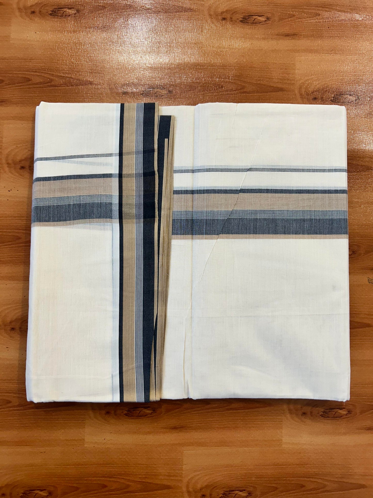 Double Off White (Unbleached) Mundu/Dhoti - 20% Discount! KaithariKada Pure Cotton - 100X80 - 1.75 inch Peach & Black Shaded Striped Kara 4 mtr (8.5 Muzham) - 87 KK5452 THI