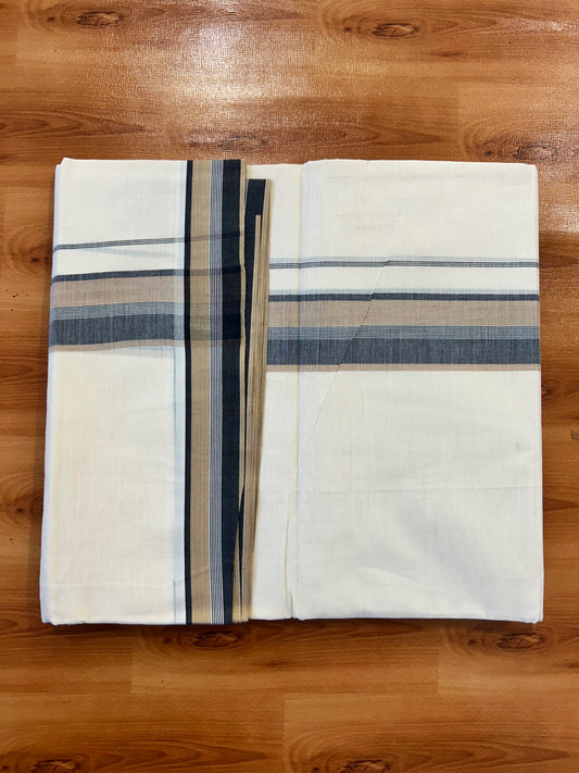 Double Off White (Unbleached) Mundu/Dhoti - 20% Discount! KaithariKada Pure Cotton - 100X80 - 1.75 inch Peach & Black Shaded Striped Kara 4 mtr (8.5 Muzham) - 87 KK5452 THI