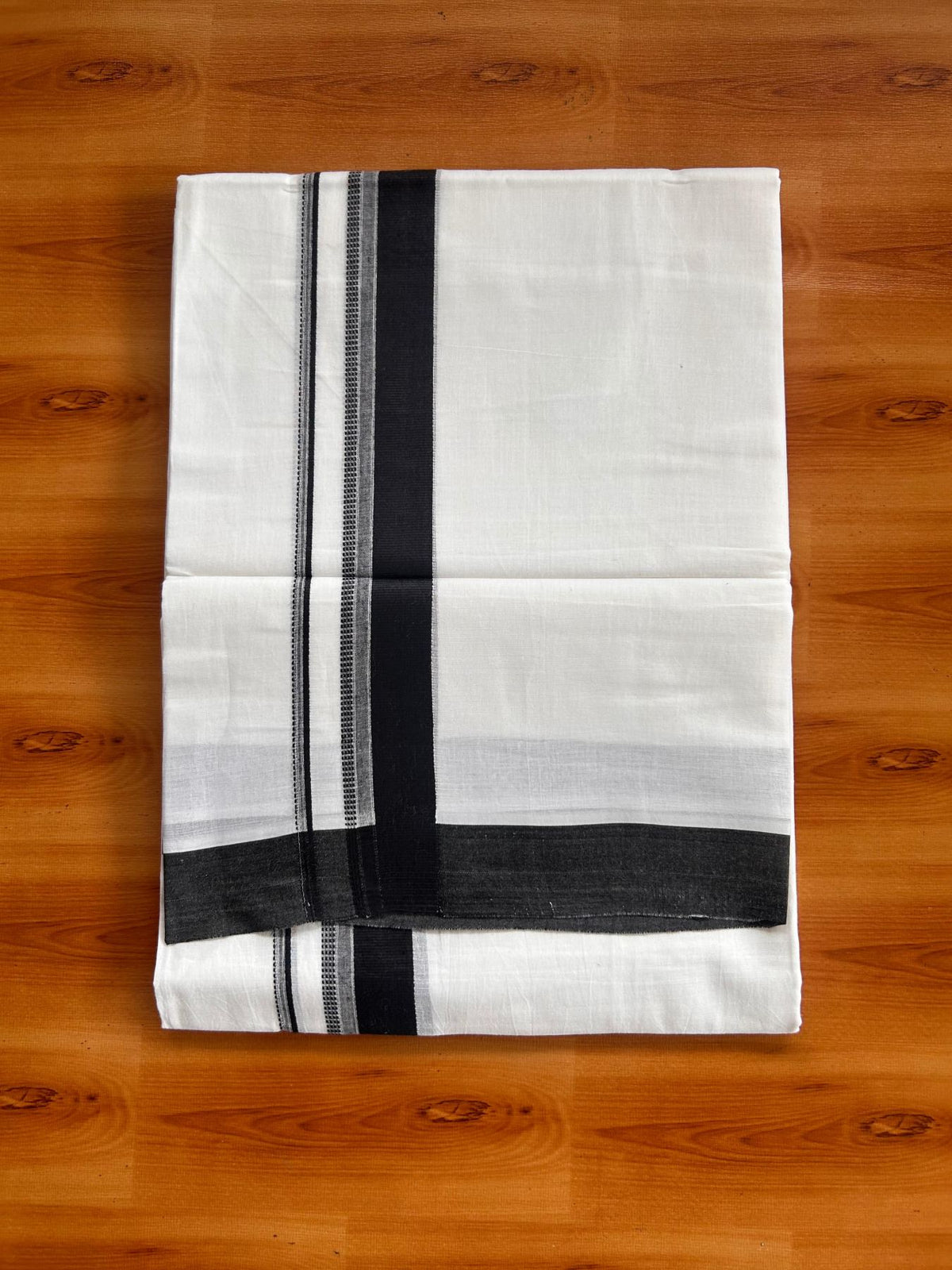 Pure White Double Mundu/Dhoti - 20% Discount ! Kaitharikada Pure Cotton - 100x80 - 1.25 inch Navy Blue striped Kara 3.80 mtr (8 muzham) - 45 KK5523 MC