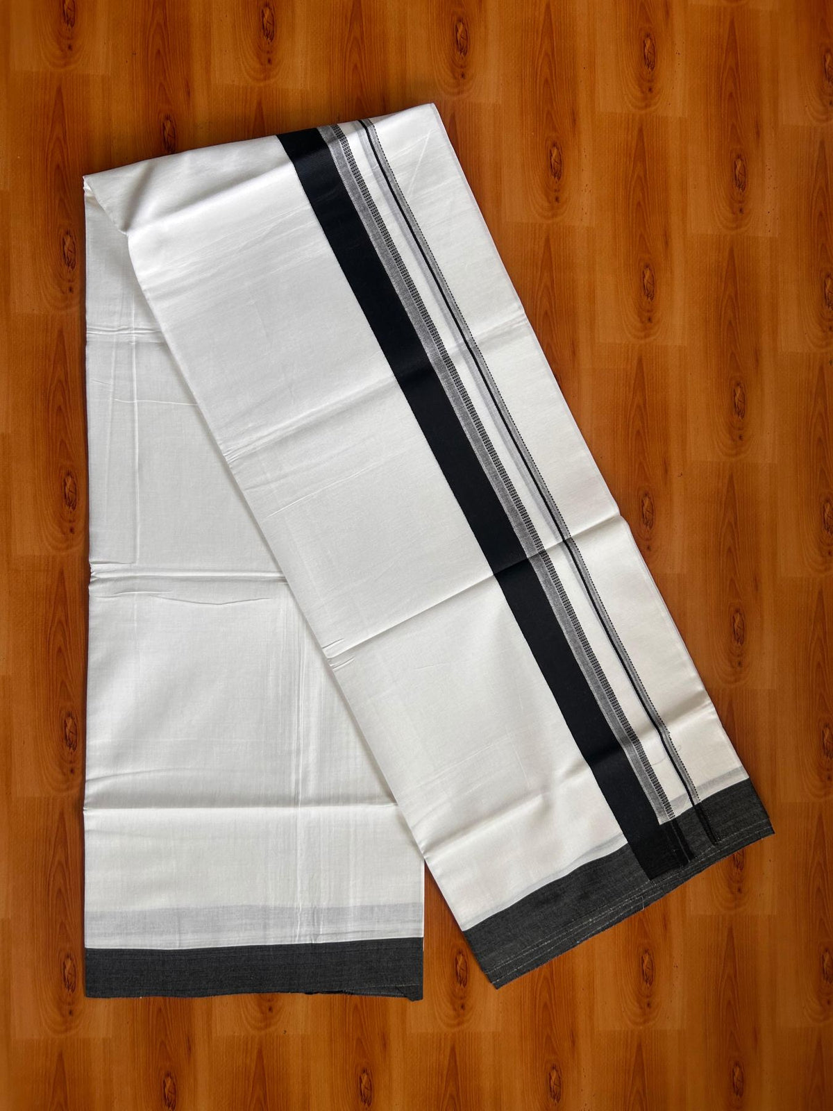 Pure White Double Mundu/Dhoti - 20% Discount ! Kaitharikada Pure Cotton - 100x80 - 1.25 inch Black striped Kara 3.80 mtr (8 muzham) - 46 KK5523 MC