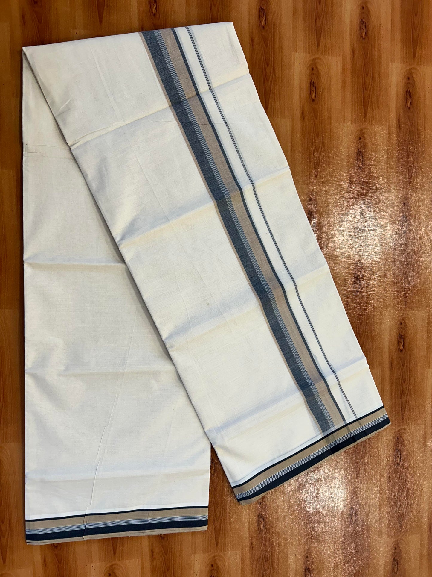 Double Off White (Unbleached) Mundu/Dhoti - 20% Discount! KaithariKada Pure Cotton - 100X80 - 1.75 inch Peach & Black Shaded Striped Kara 4 mtr (8.5 Muzham) - 87 KK5452 THI