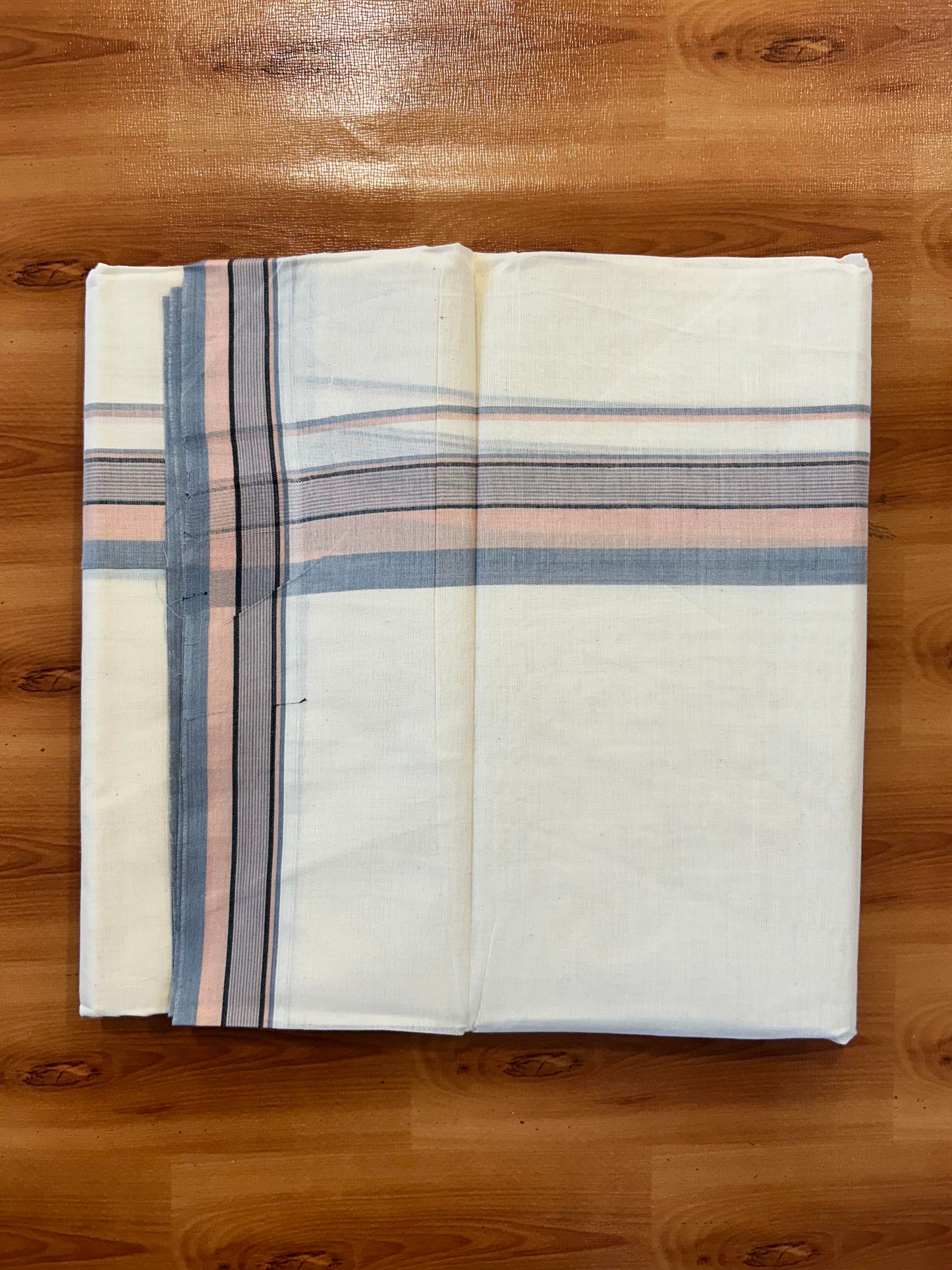 Double Off White (Unbleached) Mundu/Dhoti - 20% Discount! KaithariKada Pure Cotton - 100X80 - 1.75 inch Light Peach, Black & Ash Blue Shaded Striped Kara 4 mtr (8.5 Muzham) - 90 KK5452 THI