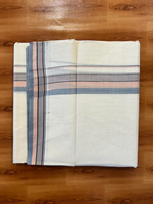 Double Off White (Unbleached) Mundu/Dhoti - 20% Discount! KaithariKada Pure Cotton - 100X80 - 1.75 inch Light Peach, Black & Ash Blue Shaded Striped Kara 4 mtr (8.5 Muzham) - 90 KK5452 THI