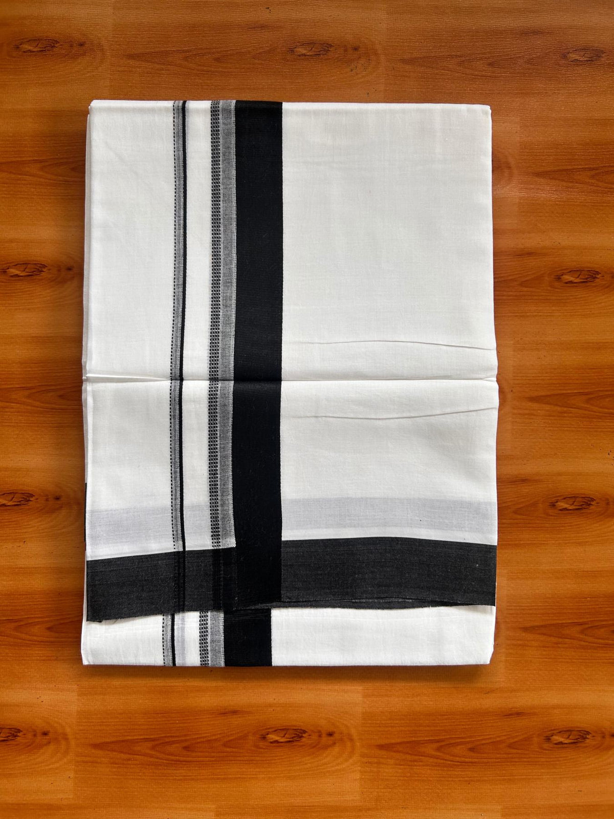 Pure White Double Mundu/Dhoti - 20% Discount ! Kaitharikada Pure Cotton - 100x80 - 1.25 inch Black striped Kara 3.80 mtr (8 muzham) - 46 KK5523 MC