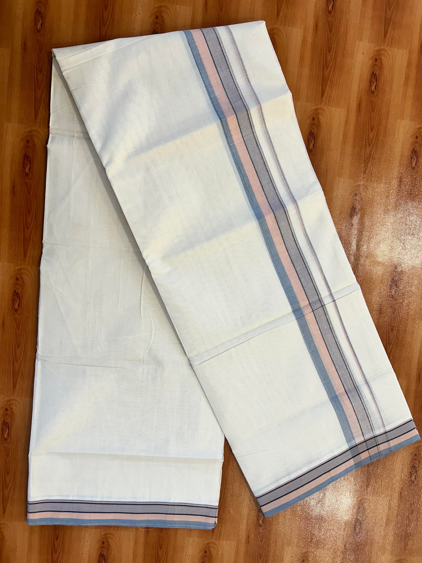Double Off White (Unbleached) Mundu/Dhoti - 20% Discount! KaithariKada Pure Cotton - 100X80 - 1.75 inch Light Peach, Black & Ash Blue Shaded Striped Kara 4 mtr (8.5 Muzham) - 90 KK5452 THI