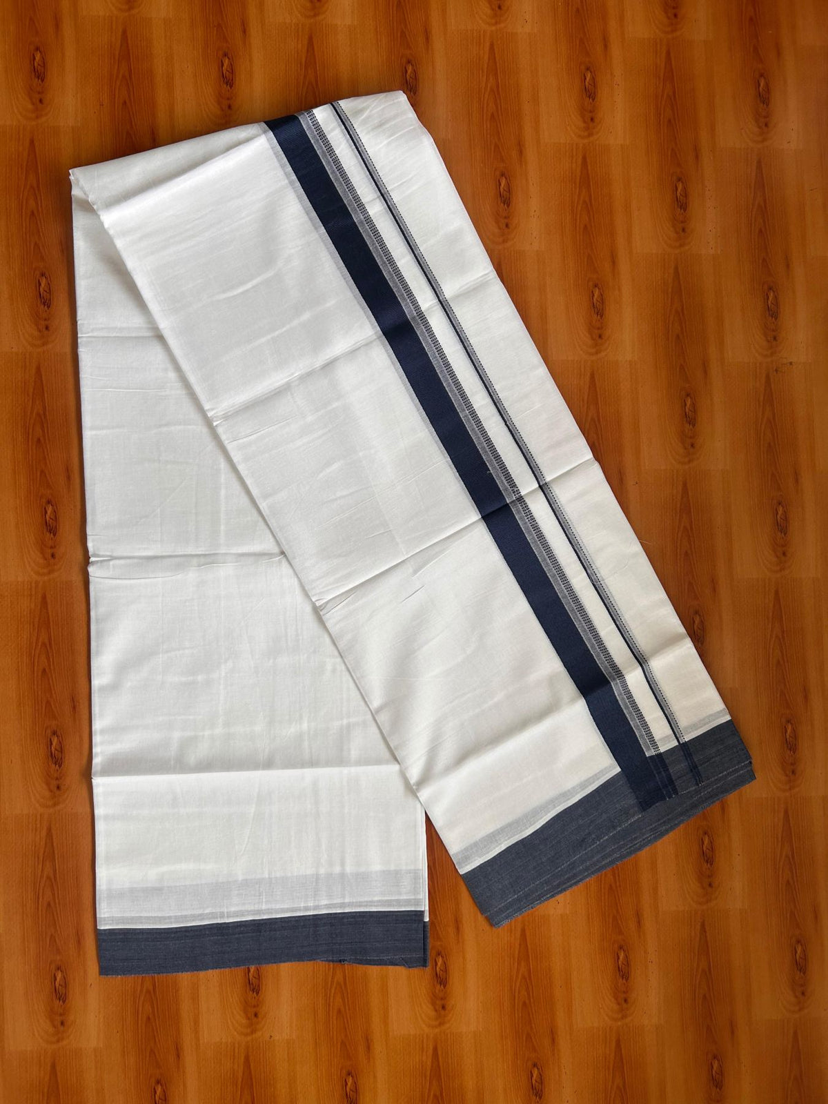 Pure White Double Mundu/Dhoti - 20% Discount ! Kaitharikada Pure Cotton - 100x80 - 1.25 inch Dark Peacock Blue striped Kara 3.80 mtr (8 muzham) - 47 KK5523 MC
