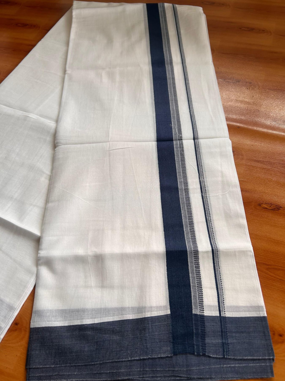 Pure White Double Mundu/Dhoti - 20% Discount ! Kaitharikada Pure Cotton - 100x80 - 1.25 inch Dark Peacock Blue striped Kara 3.80 mtr (8 muzham) - 47 KK5523 MC
