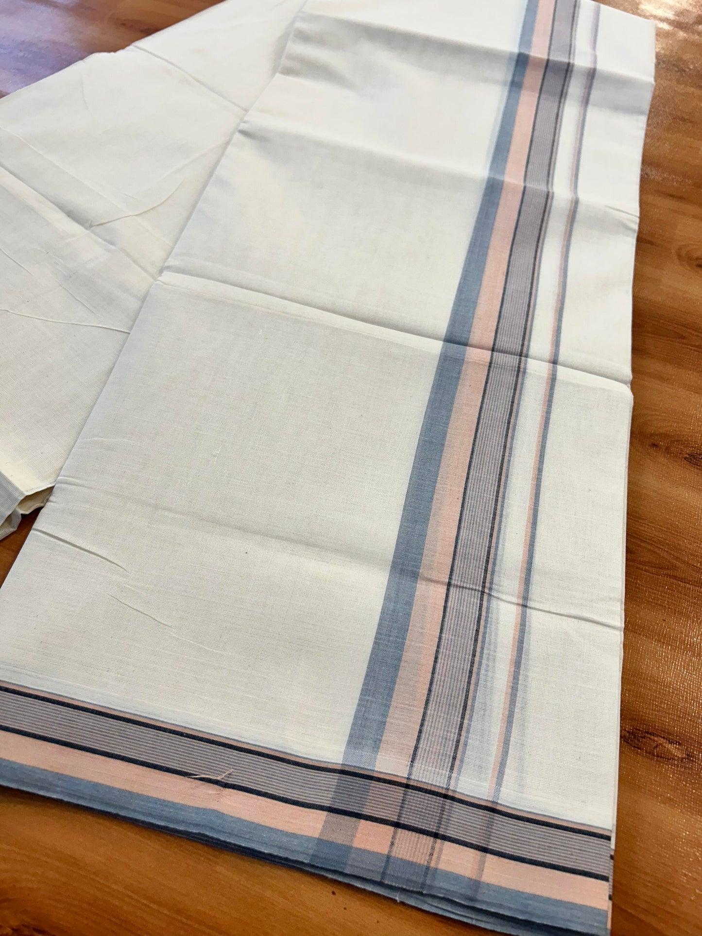 Double Off White (Unbleached) Mundu/Dhoti - 20% Discount! KaithariKada Pure Cotton - 100X80 - 1.75 inch Light Peach, Black & Ash Blue Shaded Striped Kara 4 mtr (8.5 Muzham) - 90 KK5452 THI