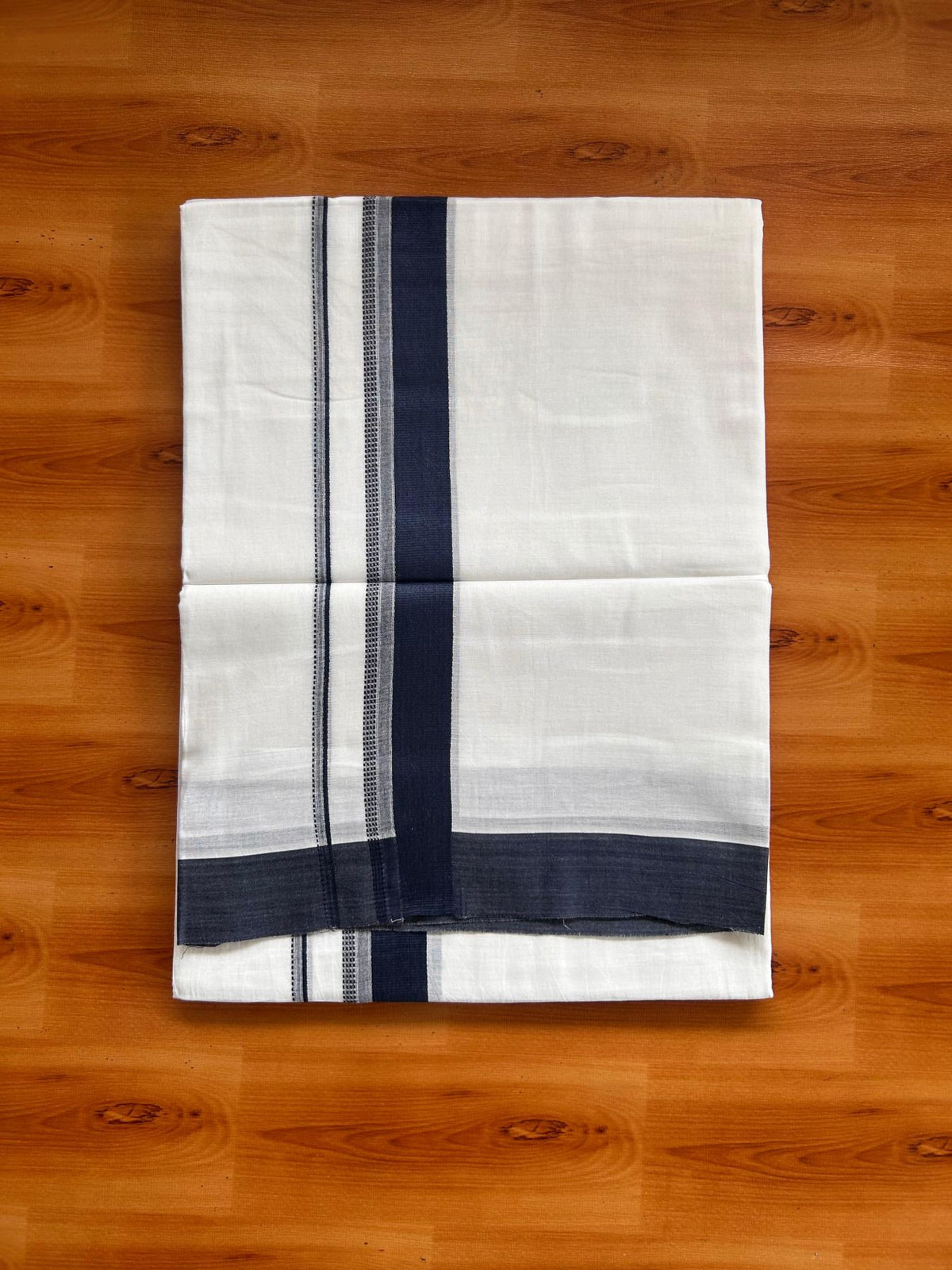 Pure White Double Mundu/Dhoti - 20% Discount ! Kaitharikada Pure Cotton - 100x80 - 1.25 inch Dark Peacock Blue striped Kara 3.80 mtr (8 muzham) - 47 KK5523 MC