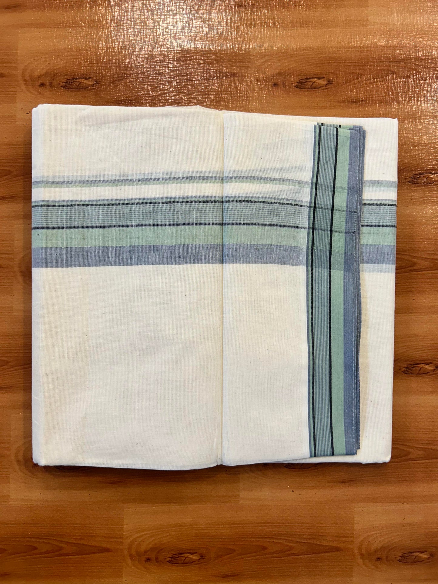 Double Off White (Unbleached) Mundu/Dhoti - 20% Discount! KaithariKada Pure Cotton - 100X80 - 1.75 inch Light Green, Black & Ash Blue Shaded Striped Kara 4 mtr (8.5 Muzham) - 89 KK5452 THI