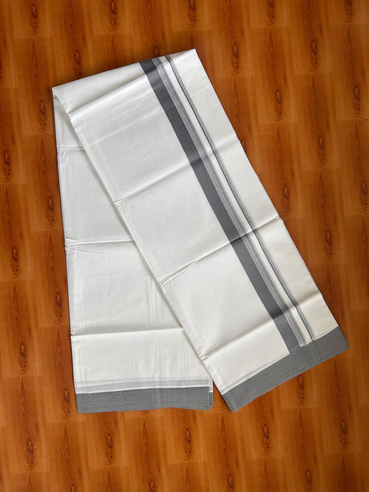 Pure White Double Mundu/Dhoti - 20% Discount ! Kaitharikada Pure Cotton - 100x80 - 1.25 inch Light Blue Grey striped Kara 3.80 mtr (8 muzham) - 49 KK5523 MC