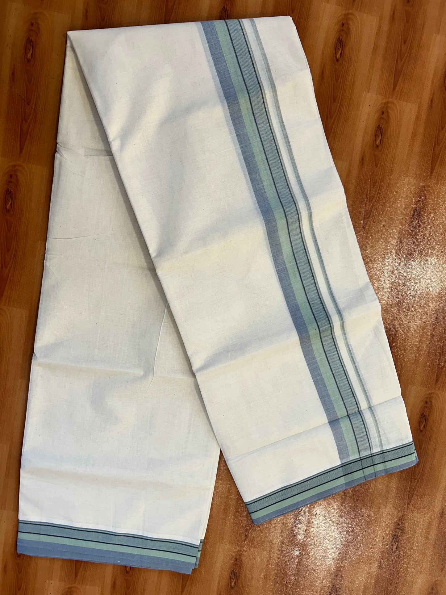 Double Off White (Unbleached) Mundu/Dhoti - 20% Discount! KaithariKada Pure Cotton - 100X80 - 1.75 inch Light Green, Black & Ash Blue Shaded Striped Kara 4 mtr (8.5 Muzham) - 89 KK5452 THI