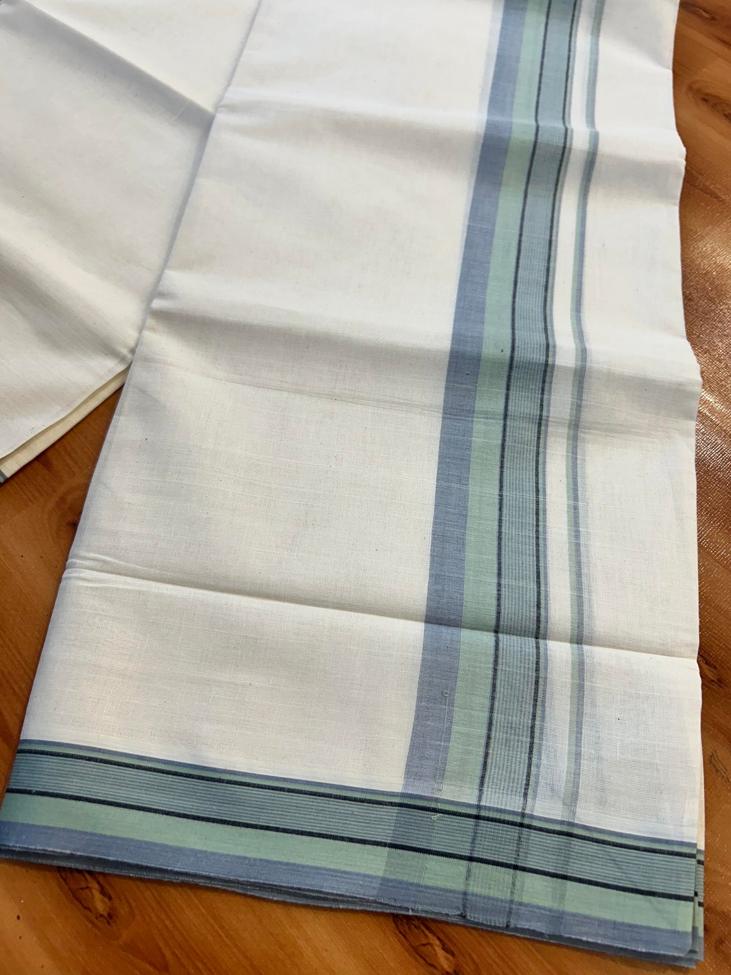Double Off White (Unbleached) Mundu/Dhoti - 20% Discount! KaithariKada Pure Cotton - 100X80 - 1.75 inch Light Green, Black & Ash Blue Shaded Striped Kara 4 mtr (8.5 Muzham) - 89 KK5452 THI
