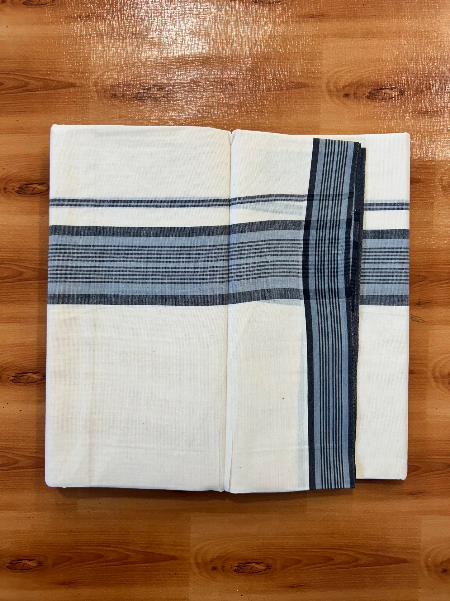 Double Off White (Unbleached) Mundu/Dhoti - 20% Discount! KaithariKada Pure Cotton - 100X80 - 2 inch Ash Grey & Black Shaded Striped Kara 4 mtr (8.5 Muzham) - 85 KK5452 THI