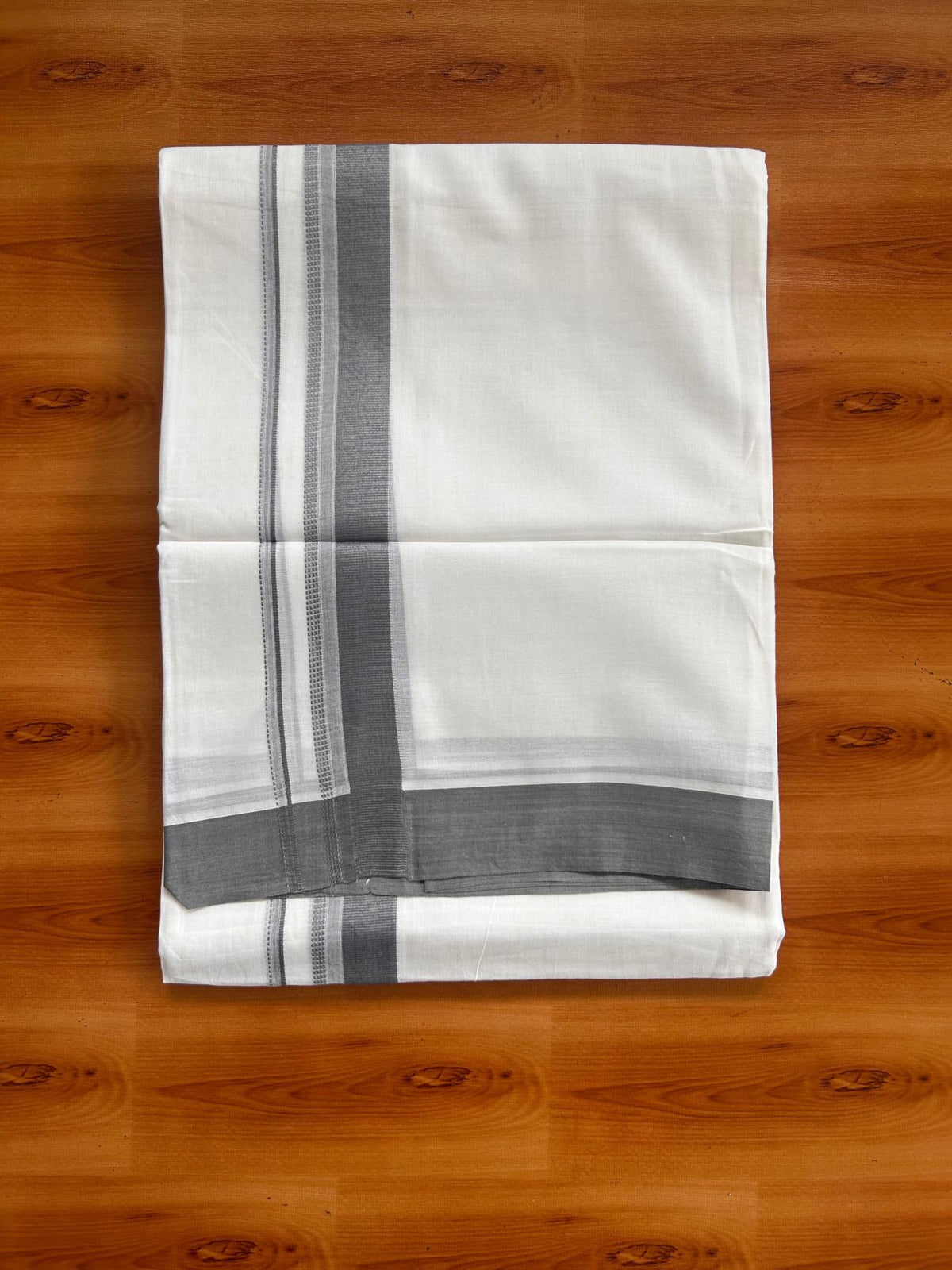 Pure White Double Mundu/Dhoti - 20% Discount ! Kaitharikada Pure Cotton - 100x80 - 1.25 inch Light Blue Grey striped Kara 3.80 mtr (8 muzham) - 49 KK5523 MC