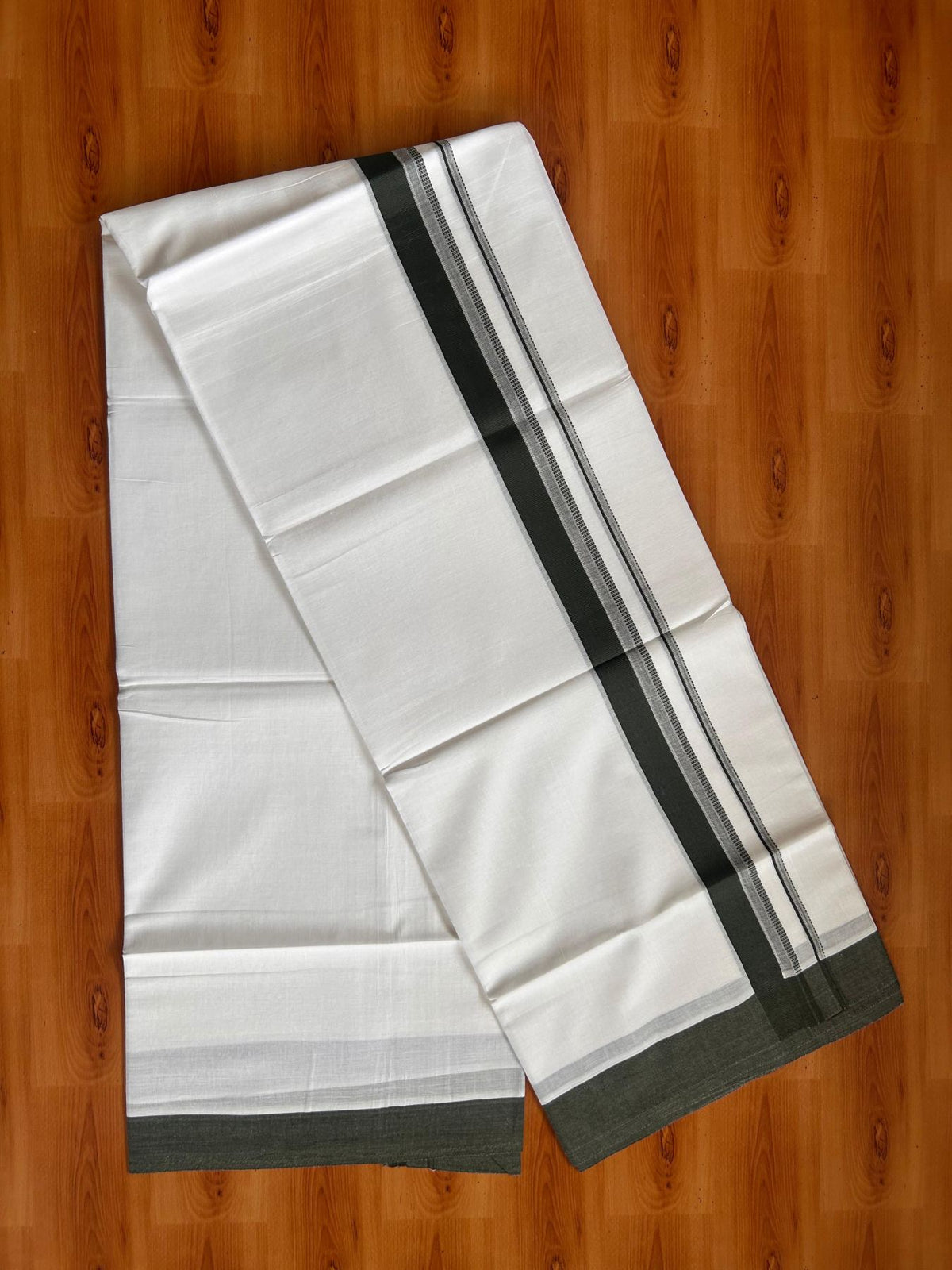 Pure White Double Mundu/Dhoti - 20% Discount ! Kaitharikada Pure Cotton - 100x80 - 1.25 inch Dark Pine Green striped Kara 3.80 mtr (8 muzham) - 48 KK5523 MC