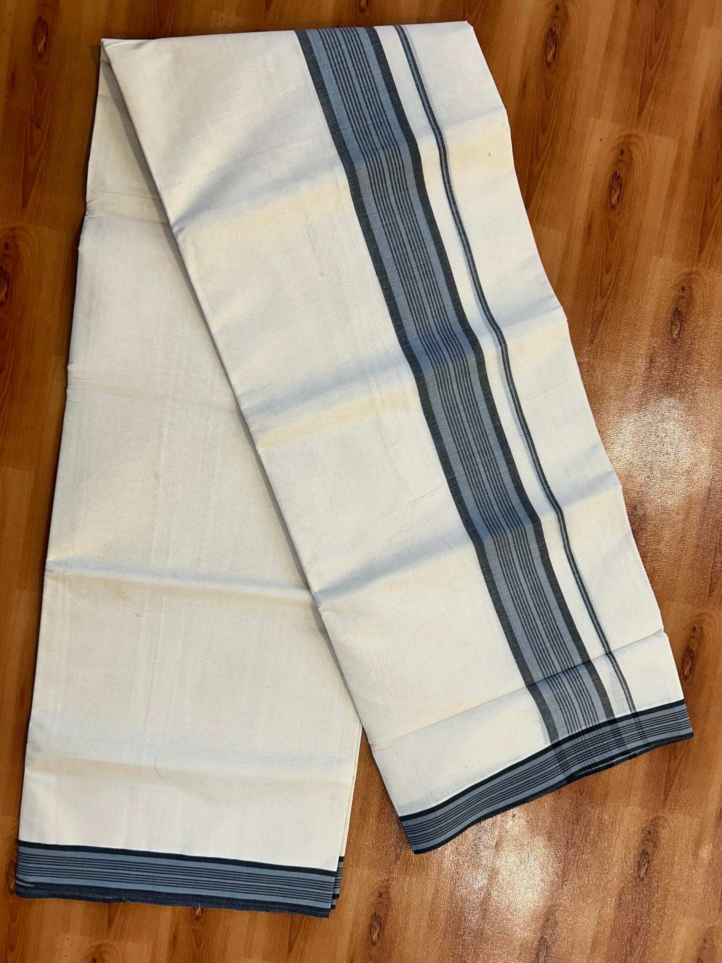 Double Off White (Unbleached) Mundu/Dhoti - 20% Discount! KaithariKada Pure Cotton - 100X80 - 2 inch Ash Grey & Black Shaded Striped Kara 4 mtr (8.5 Muzham) - 85 KK5452 THI