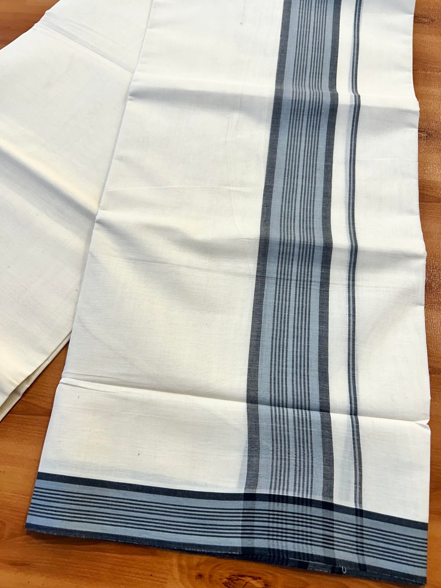 Double Off White (Unbleached) Mundu/Dhoti - 20% Discount! KaithariKada Pure Cotton - 100X80 - 2 inch Ash Grey & Black Shaded Striped Kara 4 mtr (8.5 Muzham) - 85 KK5452 THI