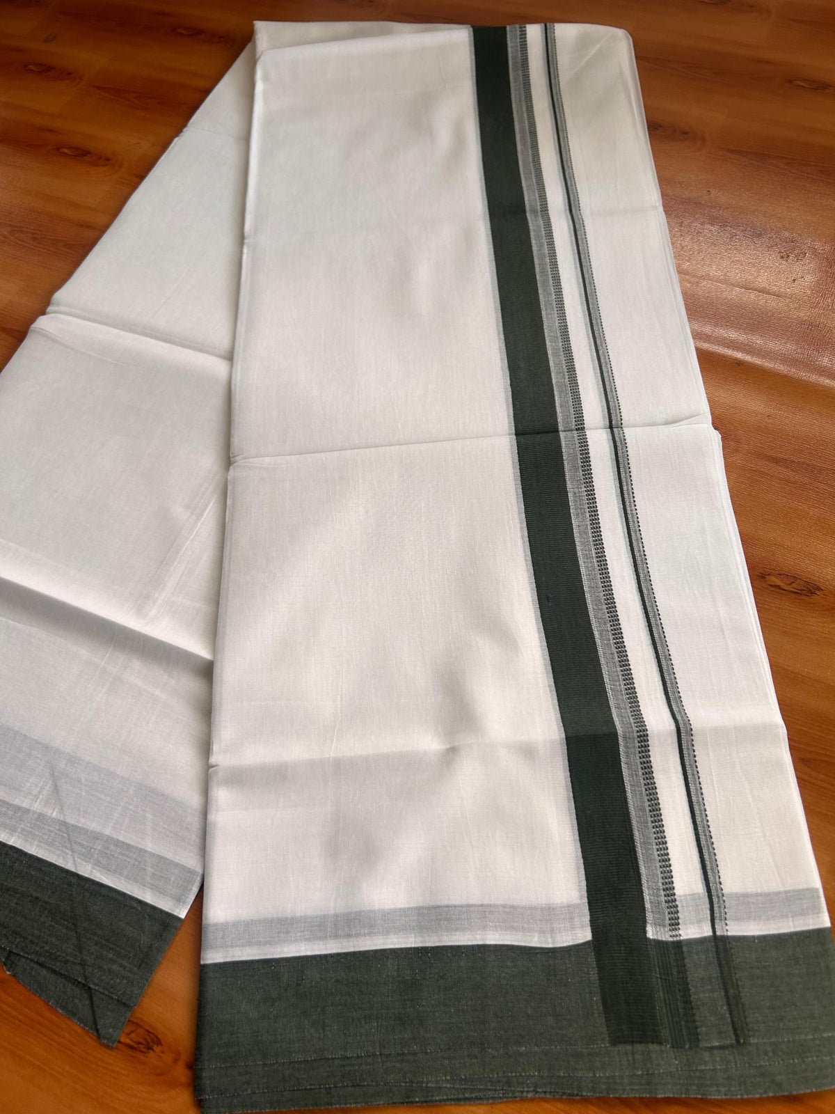 Pure White Double Mundu/Dhoti - 20% Discount ! Kaitharikada Pure Cotton - 100x80 - 1.25 inch Dark Pine Green striped Kara 3.80 mtr (8 muzham) - 48 KK5523 MC