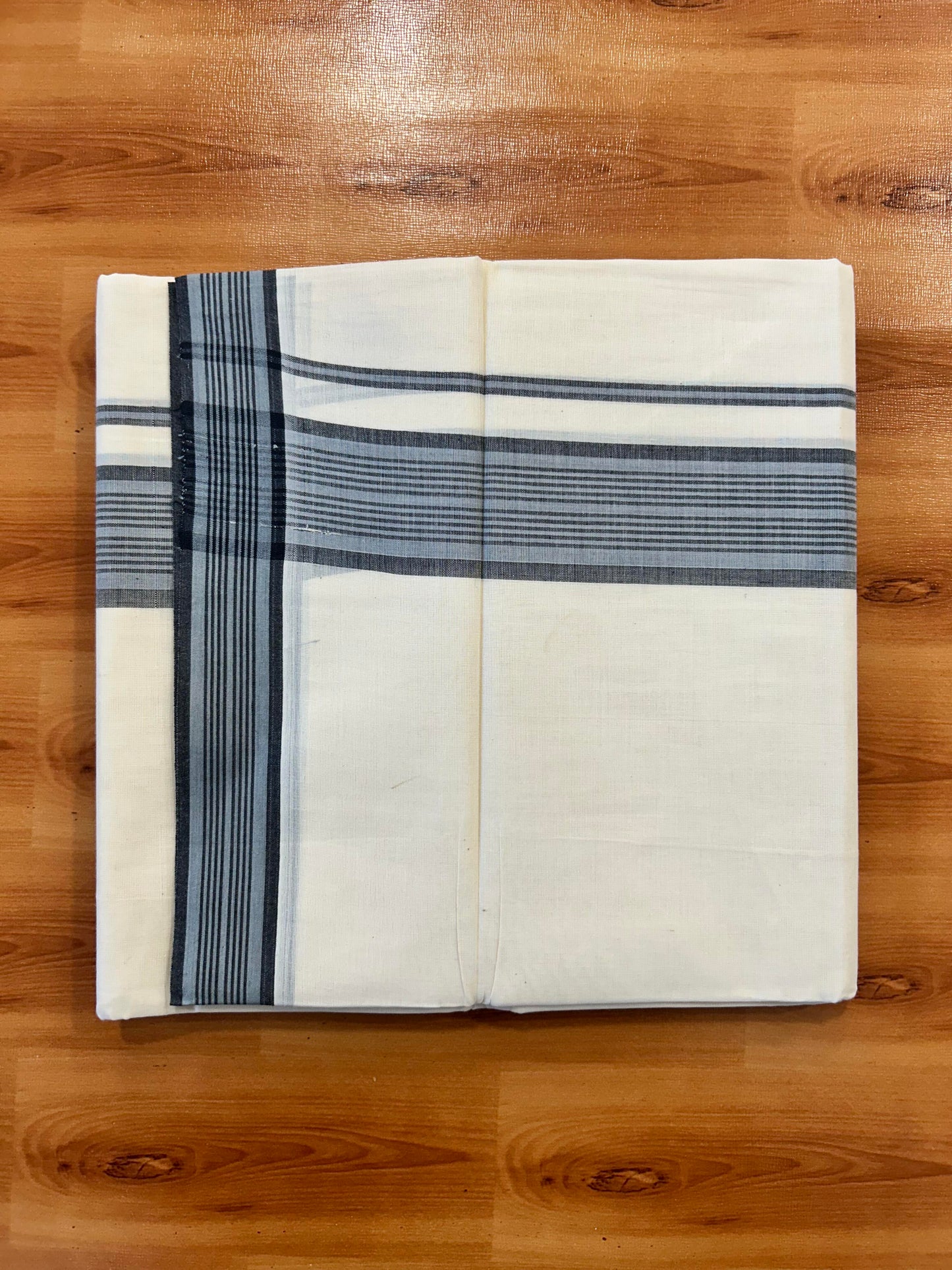 Double Off White (Unbleached) Mundu/Dhoti - 20% Discount! KaithariKada Pure Cotton - 100X80 - 1.5 inch Ash Grey & Black Shaded Striped Kara 4 mtr (8.5 Muzham) - 84 KK5452 THI
