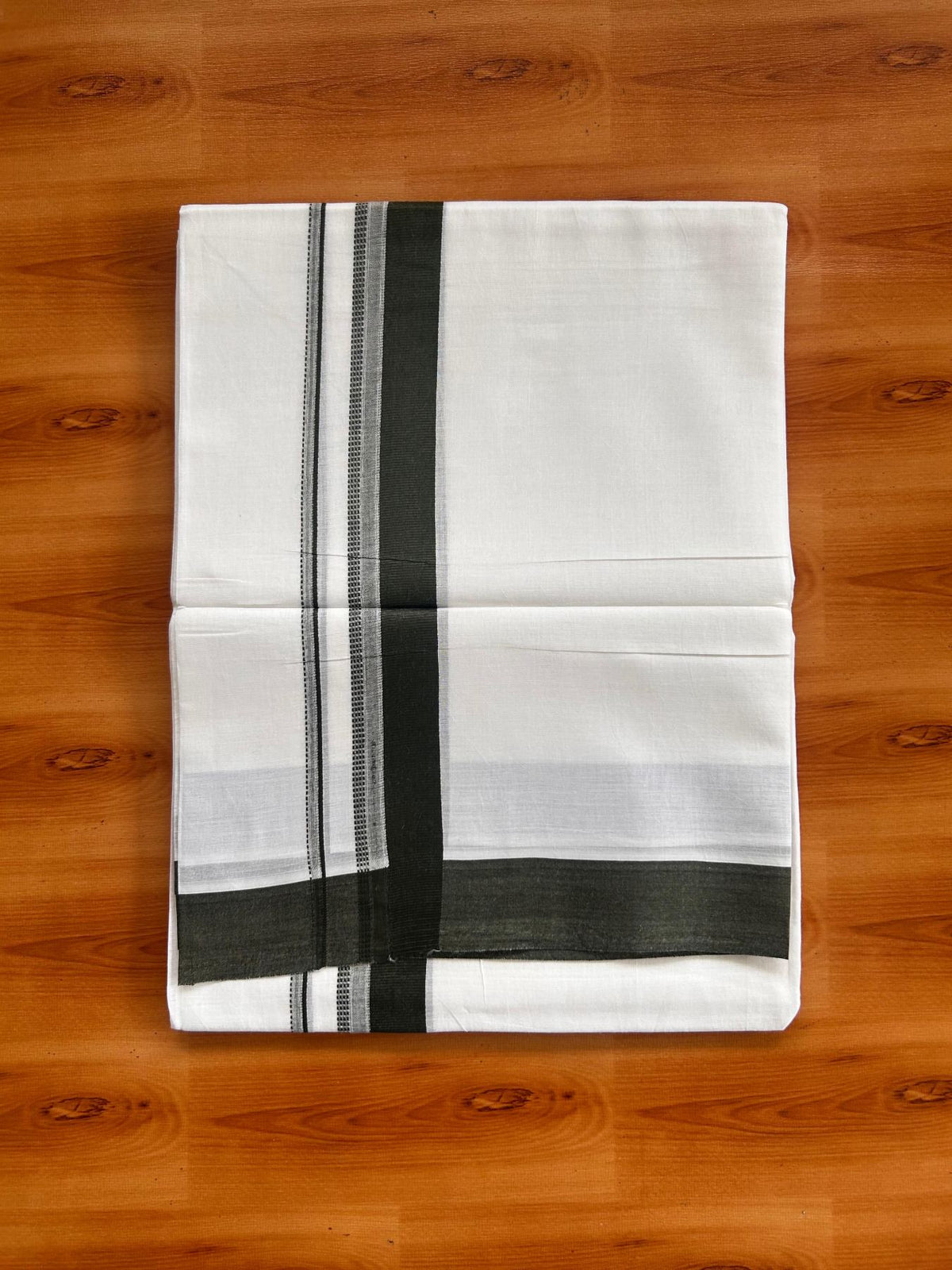 Pure White Double Mundu/Dhoti - 20% Discount ! Kaitharikada Pure Cotton - 100x80 - 1.25 inch Dark Pine Green striped Kara 3.80 mtr (8 muzham) - 48 KK5523 MC
