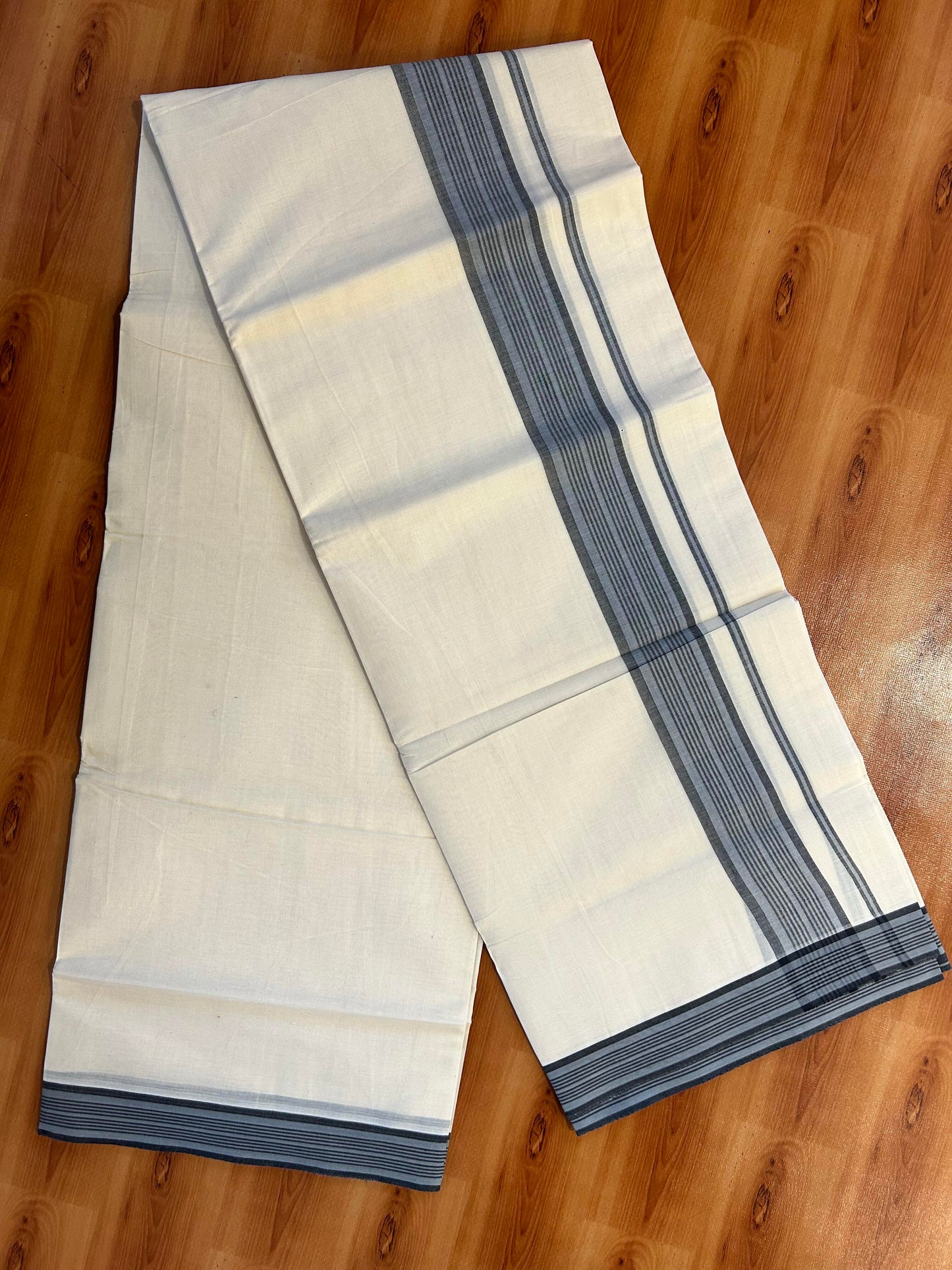Double Off White (Unbleached) Mundu/Dhoti - 20% Discount! KaithariKada Pure Cotton - 100X80 - 1.5 inch Ash Grey & Black Shaded Striped Kara 4 mtr (8.5 Muzham) - 84 KK5452 THI