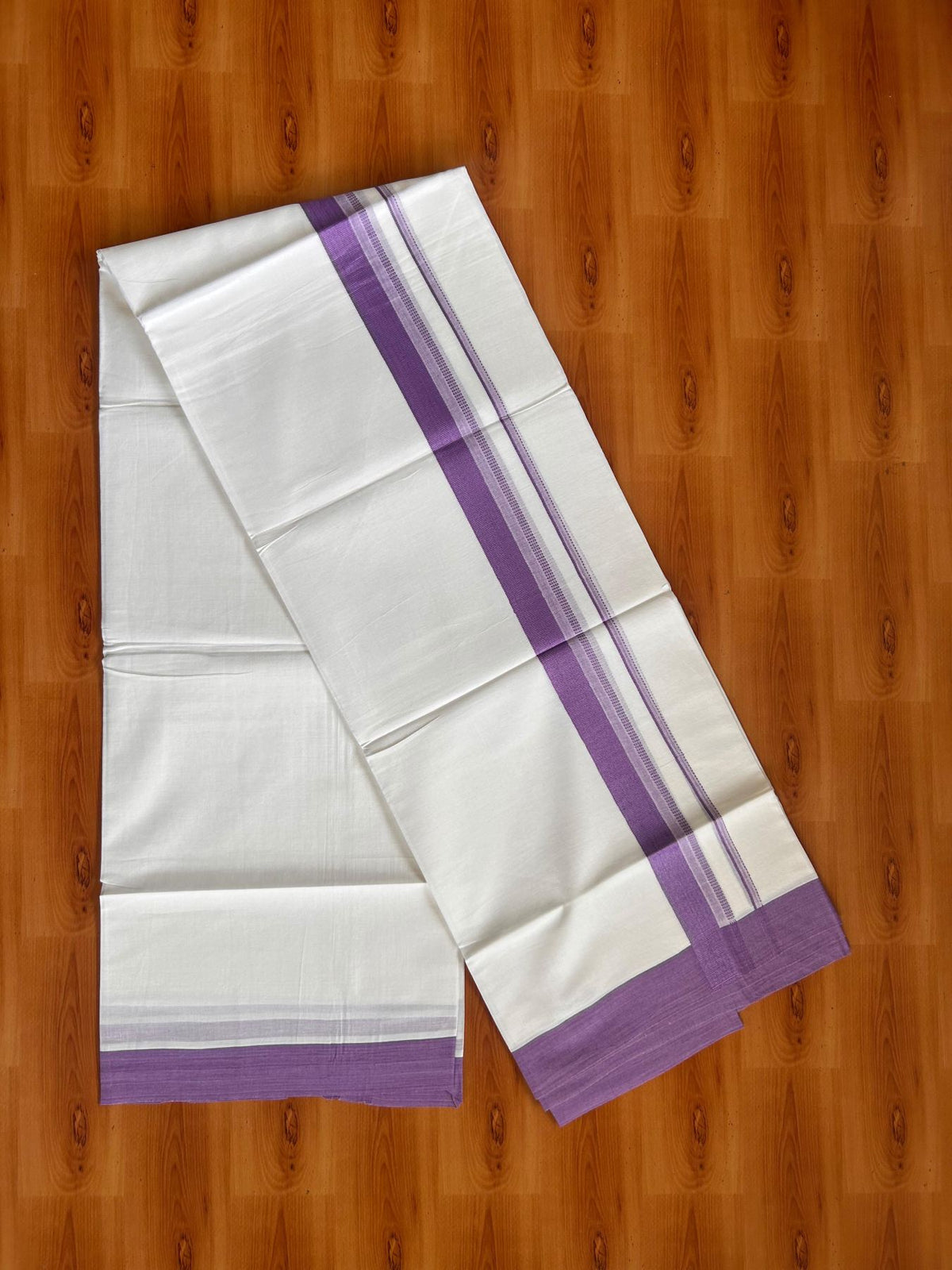 Pure White Double Mundu/Dhoti - 20% Discount ! Kaitharikada Pure Cotton - 100x80 - 1.25 inch Lavender striped Kara 3.80 mtr (8 muzham) - 51 KK5523 MC