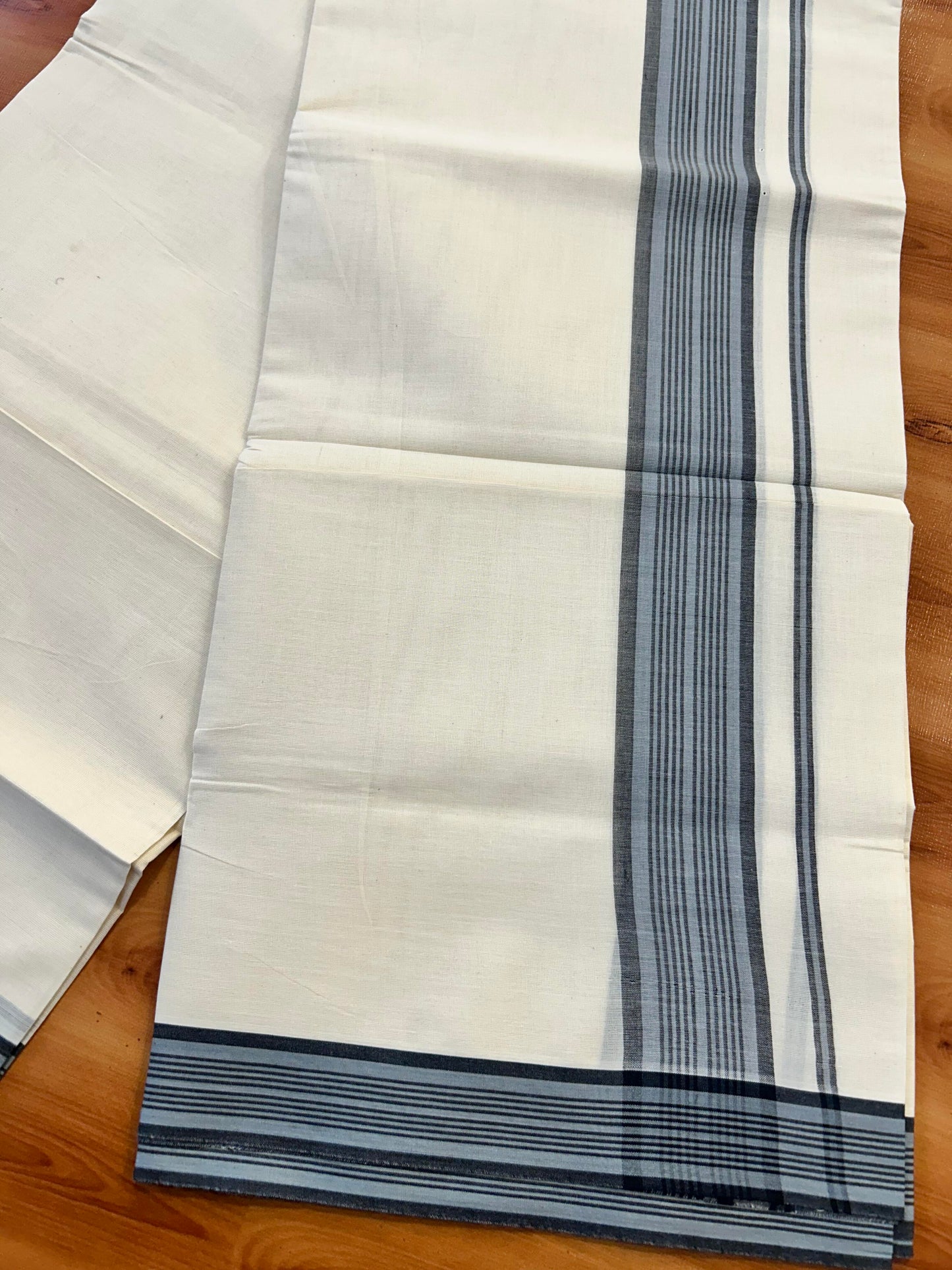 Double Off White (Unbleached) Mundu/Dhoti - 20% Discount! KaithariKada Pure Cotton - 100X80 - 1.5 inch Ash Grey & Black Shaded Striped Kara 4 mtr (8.5 Muzham) - 84 KK5452 THI