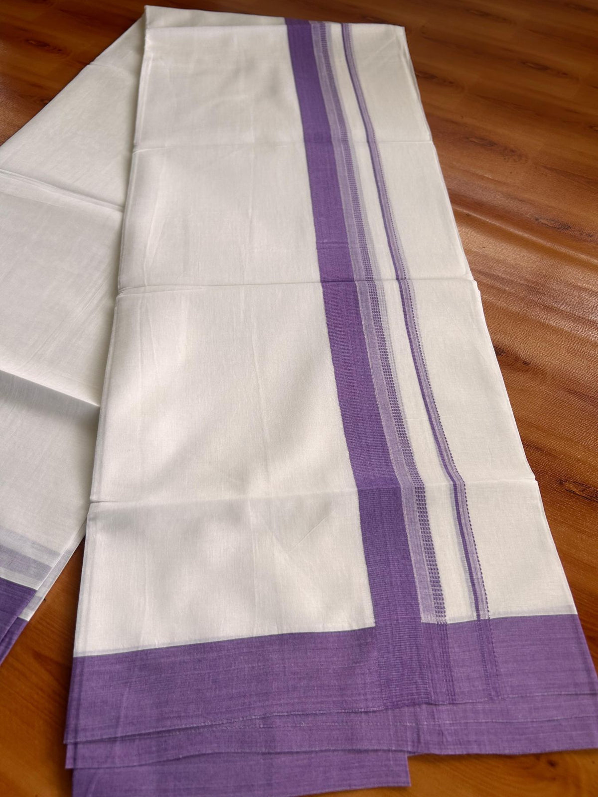Pure White Double Mundu/Dhoti - 20% Discount ! Kaitharikada Pure Cotton - 100x80 - 1.25 inch Lavender striped Kara 3.80 mtr (8 muzham) - 51 KK5523 MC
