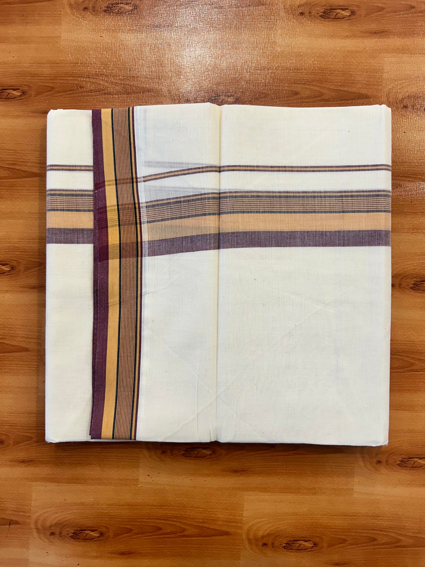 Double Off White (Unbleached) Mundu/Dhoti - 20% Discount! KaithariKada Pure Cotton - 100X80 - 1.75 inch Yellow, Black & Maroon Shaded Striped Kara 4 mtr (8.5 Muzham) - 88 KK5452 THI