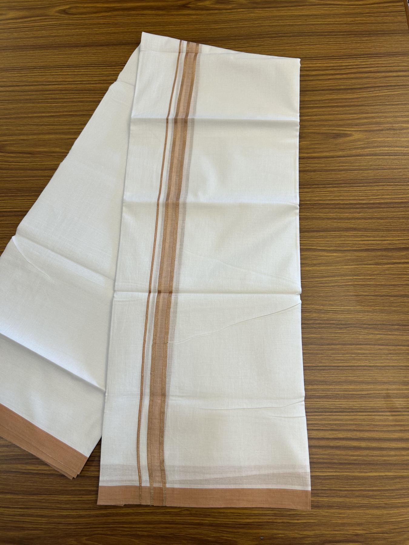 20% Discount! KaithariKada Balaramapuram 100% Cotton Double Pure white Mundu/Dhoti- 100X80 - 0.75 inch Silver Kasav & Peach Orange Striped kara - 4 mtr ( 8.5 muzham) - 17 KK5341 VIN