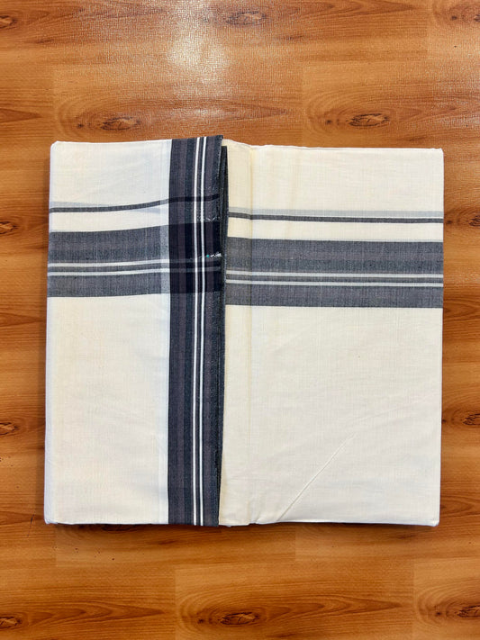 Double Off White (Unbleached) Mundu/Dhoti - 20% Discount! KaithariKada Pure Cotton - 100X80 - 1.5 inch Brown & Black Shaded Striped Kara 4 mtr (8.5 Muzham) - 83 KK5452 THI