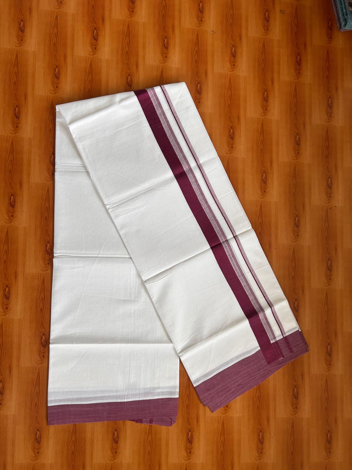 Pure White Double Mundu/Dhoti - 20% Discount ! Kaitharikada Pure Cotton - 100x80 - 1.25 inch Wine Purple striped Kara 3.80 mtr (8 muzham) - 57 KK5523 MC