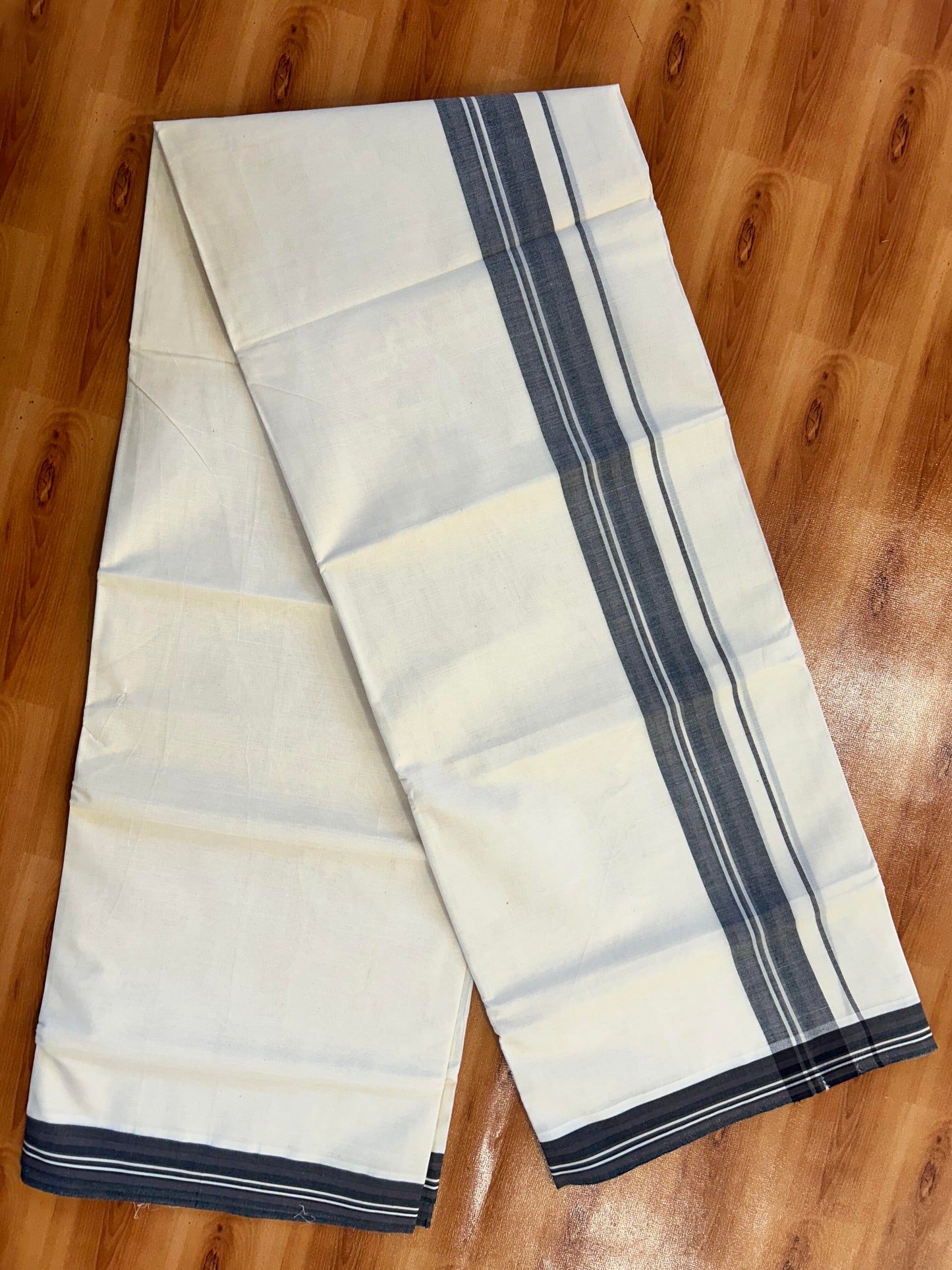 Double Off White (Unbleached) Mundu/Dhoti - 20% Discount! KaithariKada Pure Cotton - 100X80 - 1.5 inch Brown & Black Shaded Striped Kara 4 mtr (8.5 Muzham) - 83 KK5452 THI