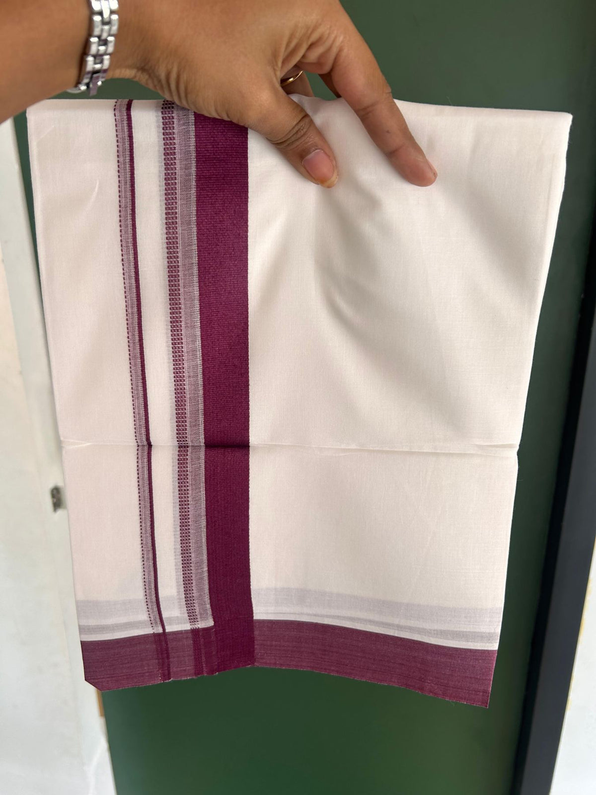Pure White Double Mundu/Dhoti - 20% Discount ! Kaitharikada Pure Cotton - 100x80 - 1.25 inch Wine Purple striped Kara 3.80 mtr (8 muzham) - 57 KK5523 MC