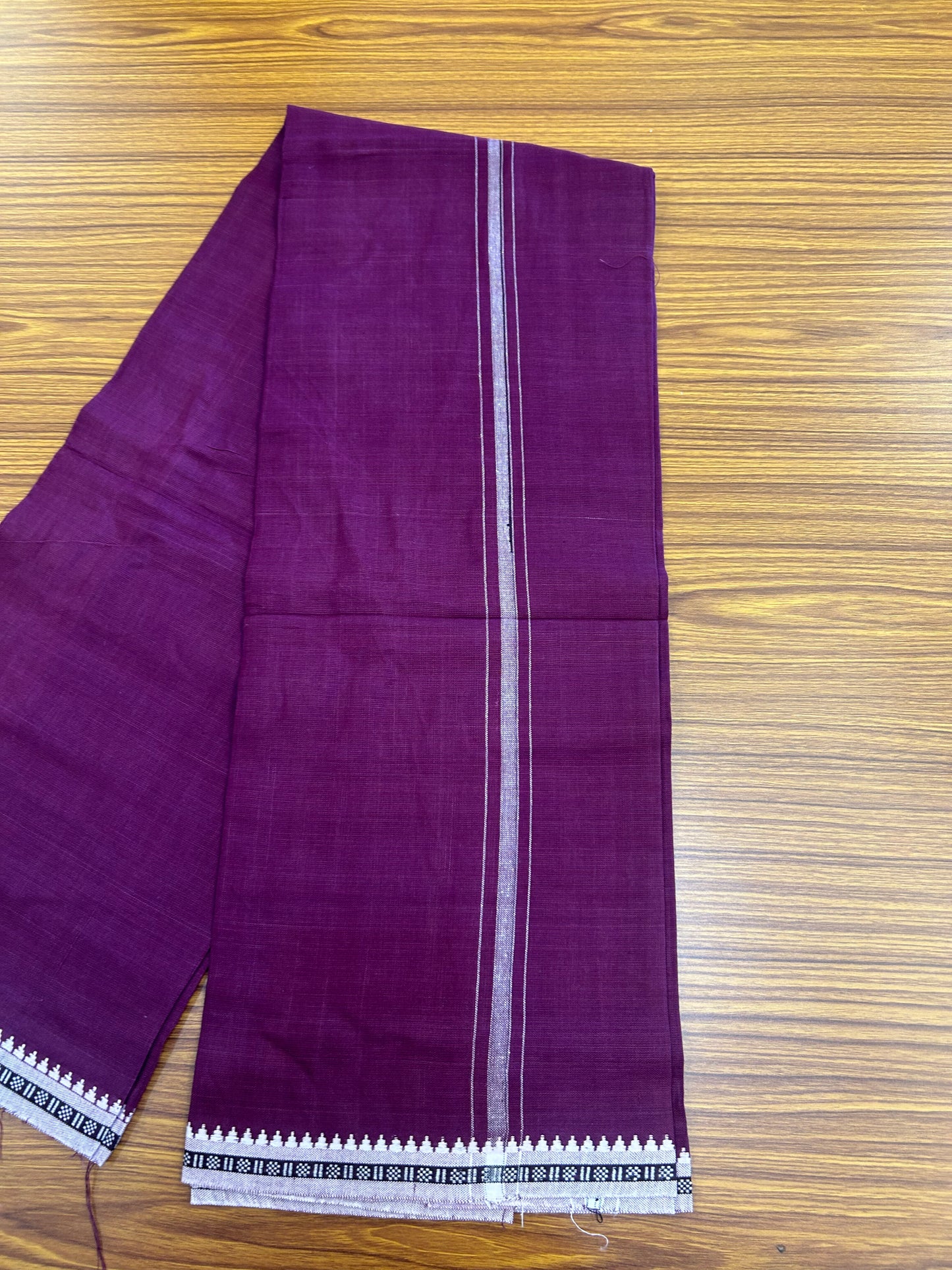 Premium Kathar Type Mund Pure cotton - Kaitharikada - Single Kaily / Lungi - 1 inch White Stripes Kara kuppadam Border with Wine colour body (2 meter / 4 muzham) - 72 KK8050 MUT