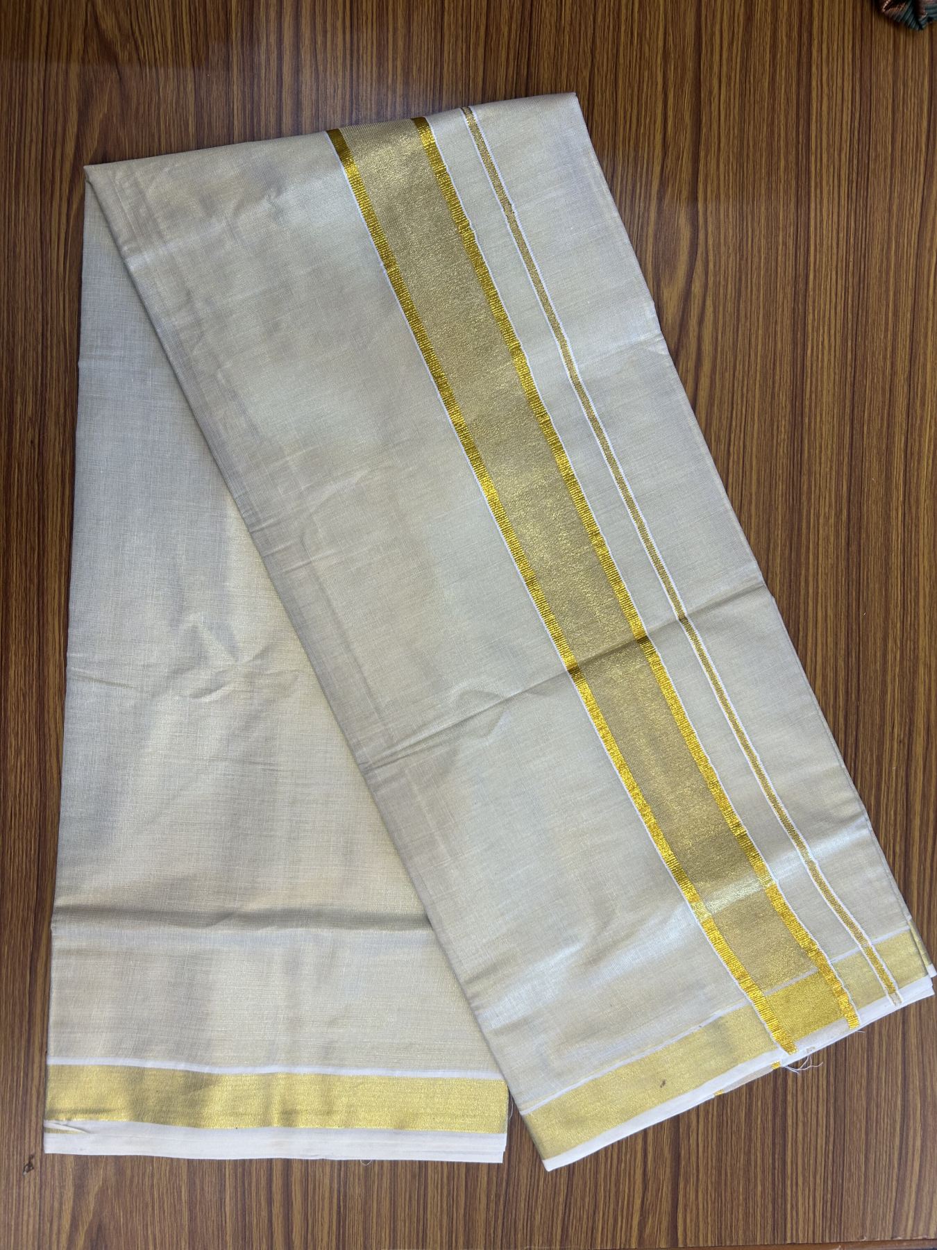 20% Discount! KaithariKada Balaramapuram 100% Cotton - Gold Kasav Tissue Double Dhoti/Mund- 80X90 - 2.25 inch Gold Kasav Shaded Kara 4 mtr (8.5 muzham) - 1 KK5341 VIN