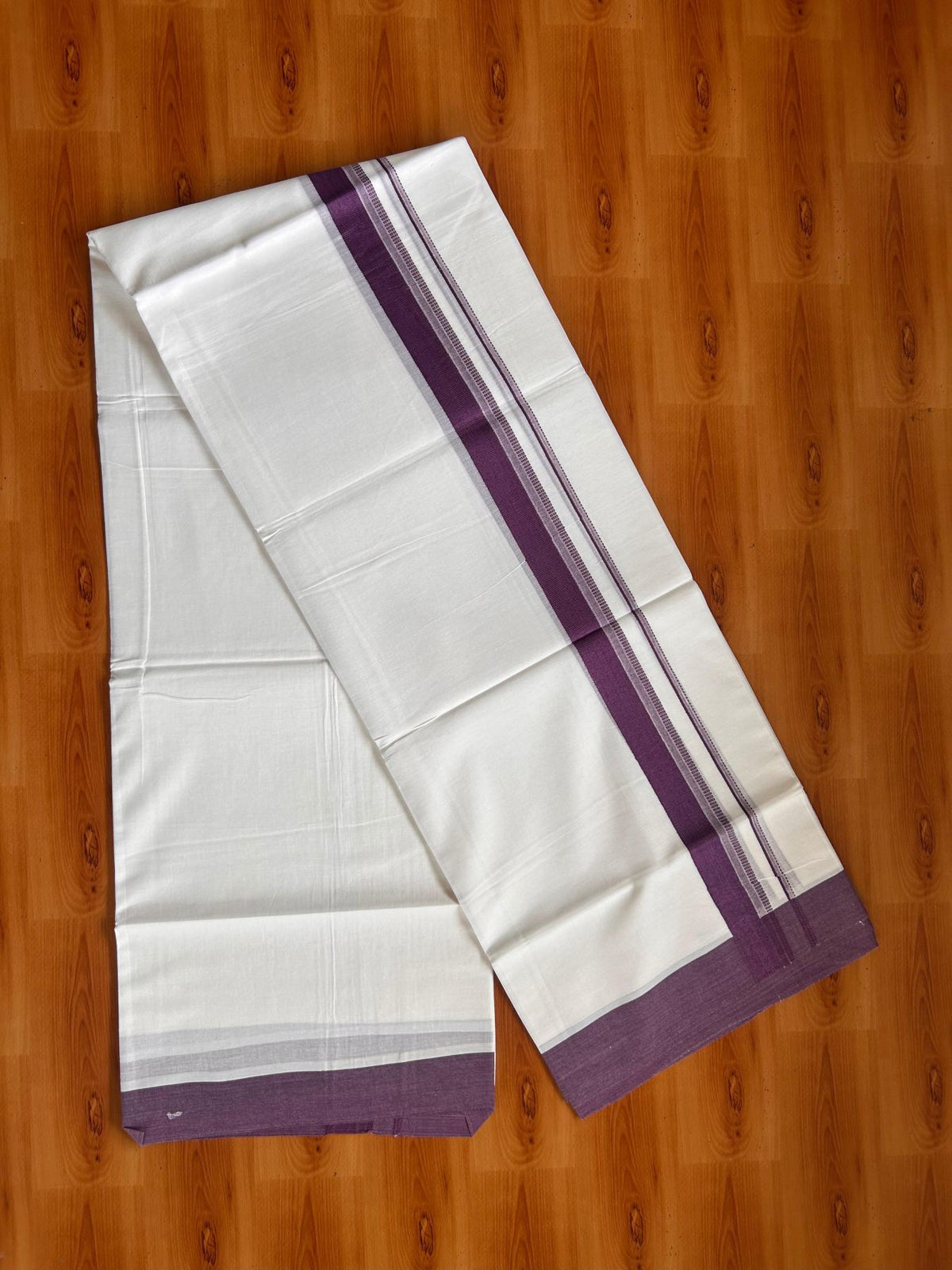 Pure White Double Mundu/Dhoti - 20% Discount ! Kaitharikada Pure Cotton - 100x80 - 1.25 inch Violet striped Kara 3.80 mtr (8 muzham) - 58 KK5523 MC