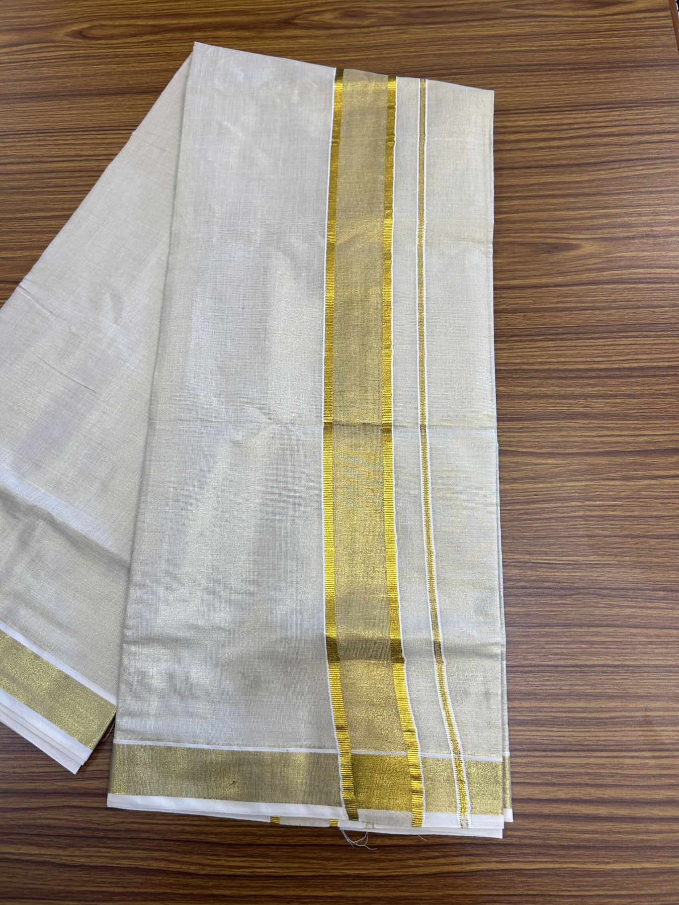 20% Discount! KaithariKada Balaramapuram 100% Cotton - Gold Kasav Tissue Double Dhoti/Mund- 80X90 - 2.25 inch Gold Kasav Shaded Kara 4 mtr (8.5 muzham) - 1 KK5341 VIN