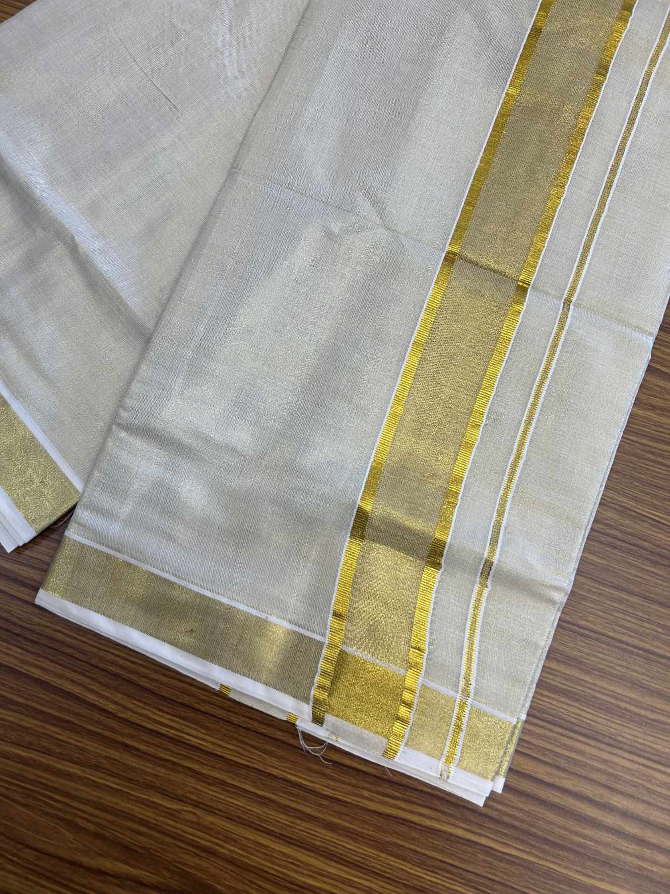 20% Discount! KaithariKada Balaramapuram 100% Cotton - Gold Kasav Tissue Double Dhoti/Mund- 80X90 - 2.25 inch Gold Kasav Shaded Kara 4 mtr (8.5 muzham) - 1 KK5341 VIN