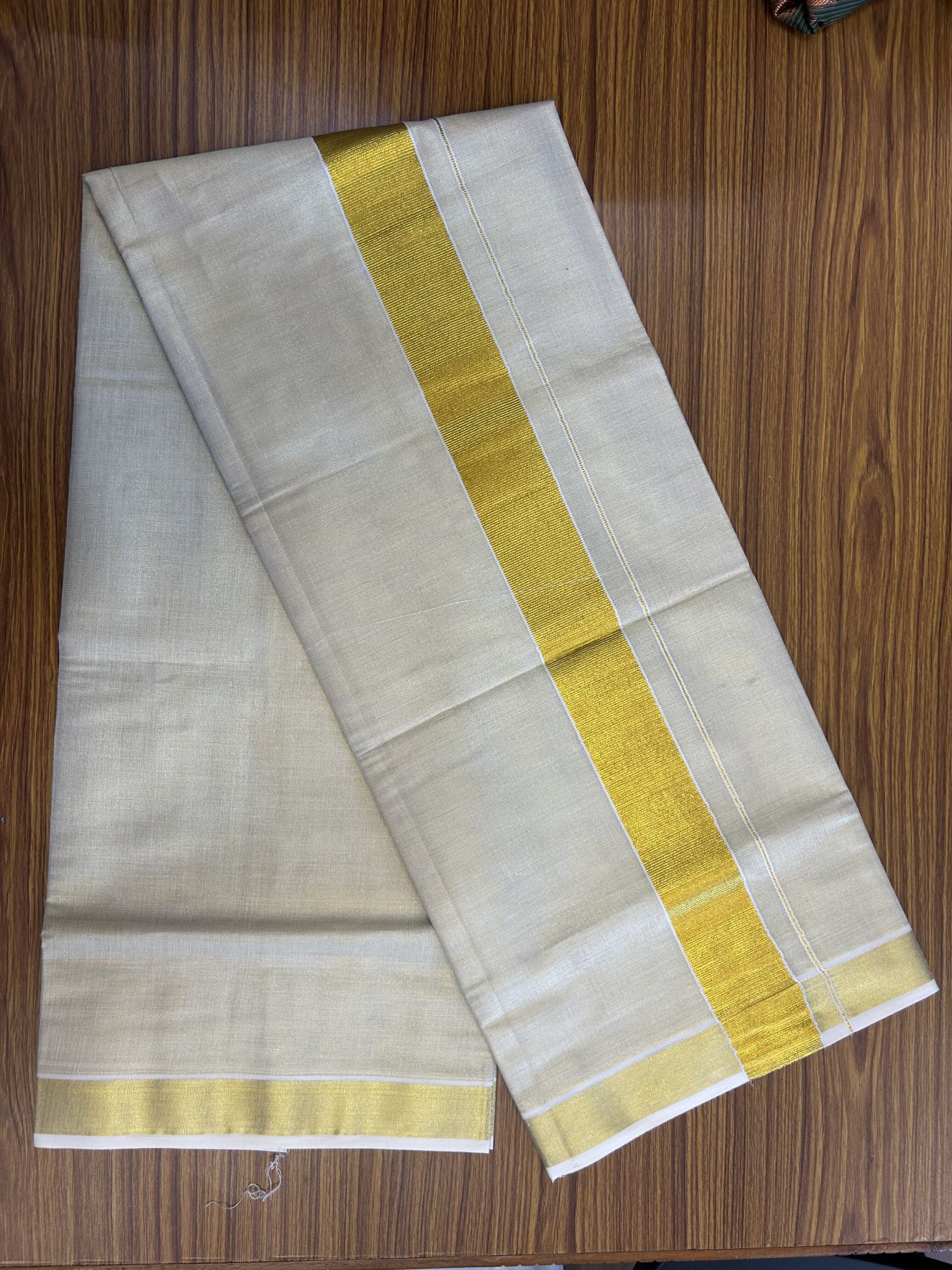 20% Discount! KaithariKada Balaramapuram 100% Cotton - Gold Kasav Tissue Double Dhoti/Mund- 80X90 - 2 inch Gold Kasav Kara 4 mtr (8.5 muzham) - 6 KK5341 VIN