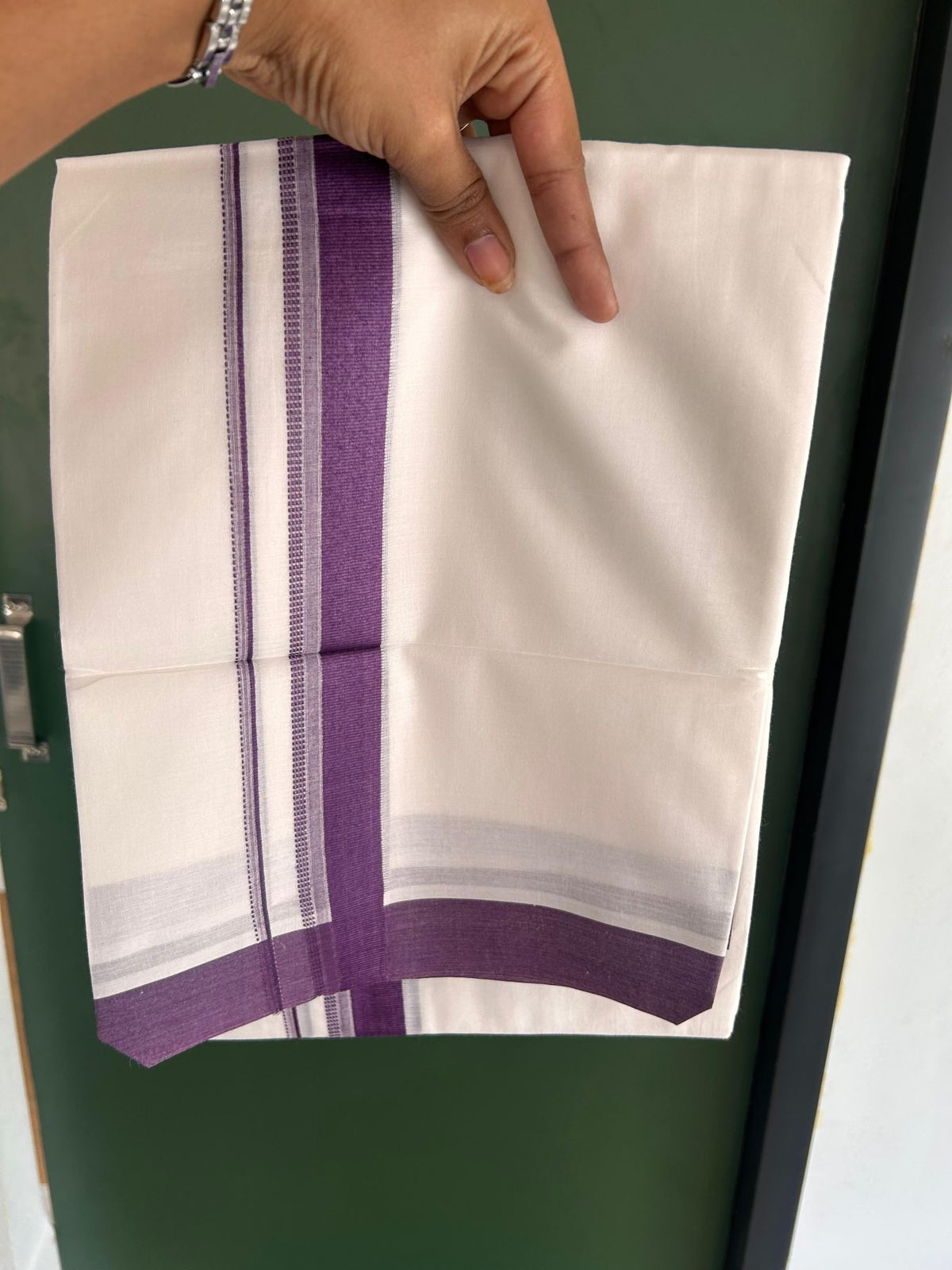 Pure White Double Mundu/Dhoti - 20% Discount ! Kaitharikada Pure Cotton - 100x80 - 1.25 inch Violet striped Kara 3.80 mtr (8 muzham) - 58 KK5523 MC