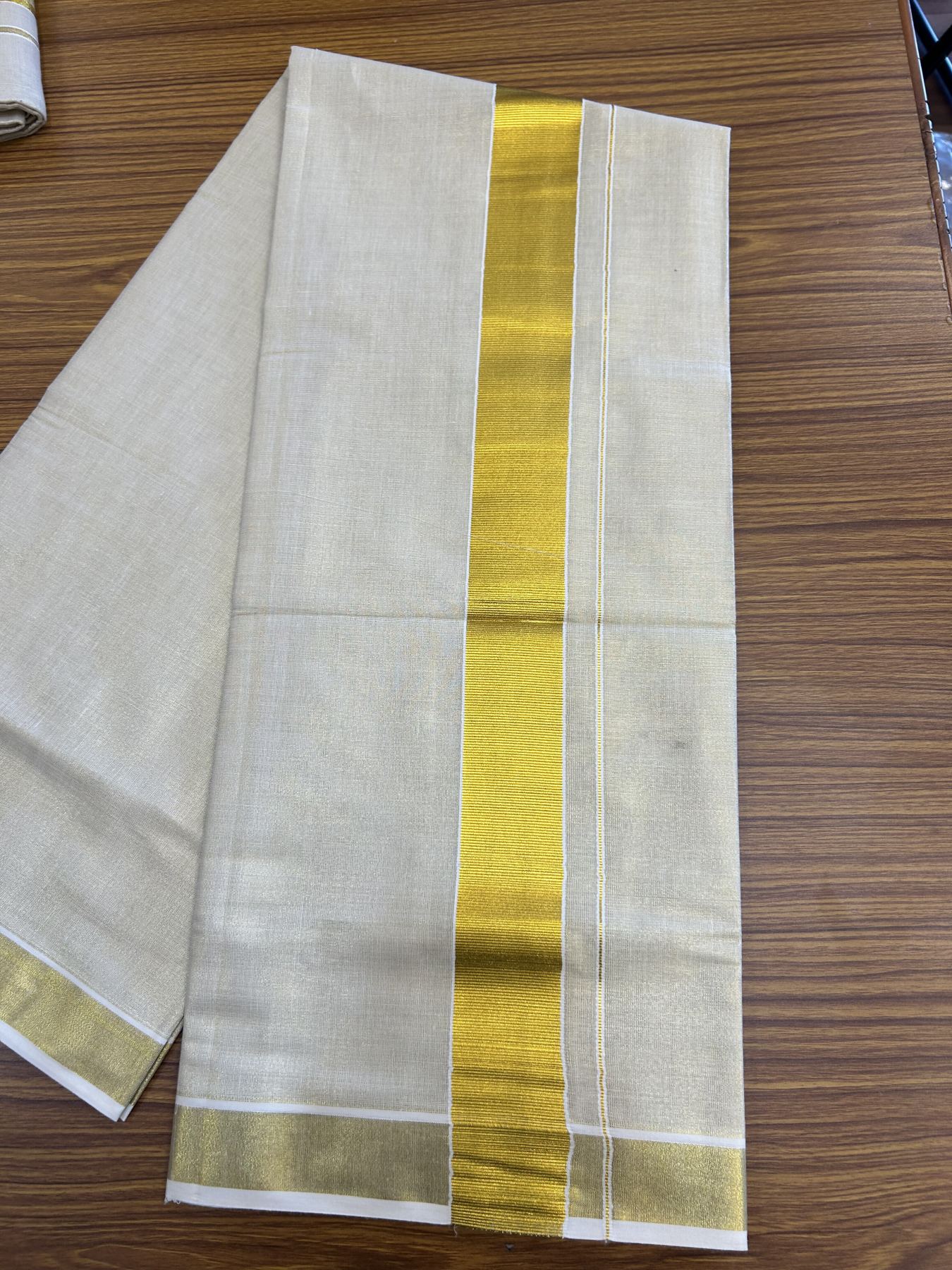 20% Discount! KaithariKada Balaramapuram 100% Cotton - Gold Kasav Tissue Double Dhoti/Mund- 80X90 - 2 inch Gold Kasav Kara 4 mtr (8.5 muzham) - 6 KK5341 VIN