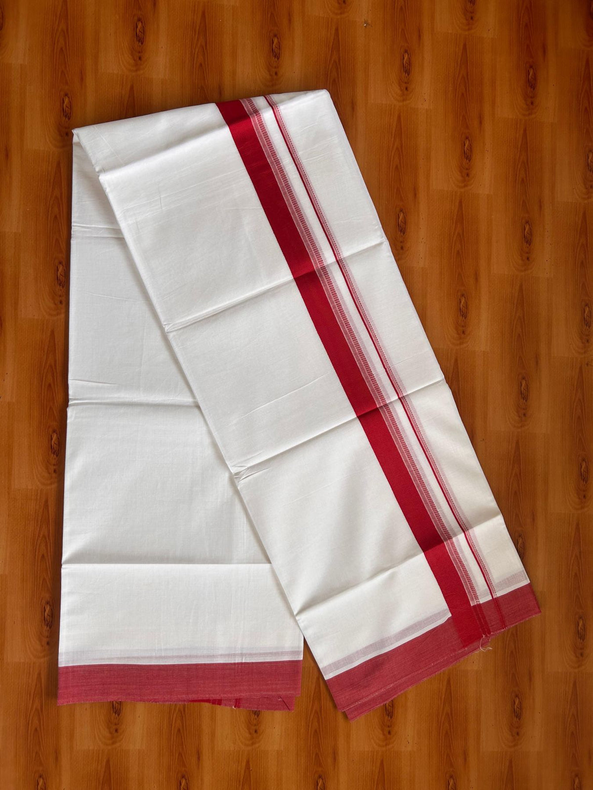 Pure White Double Mundu/Dhoti - 20% Discount ! Kaitharikada Pure Cotton - 100x80 - 1.25 inch Red striped Kara 3.80 mtr (8 muzham) - 56 KK5523 MC